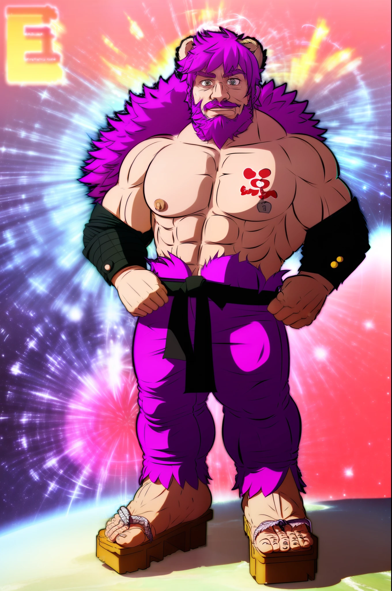 purple hair, muscular male, bear, smile, pants, flipflops,, martial art