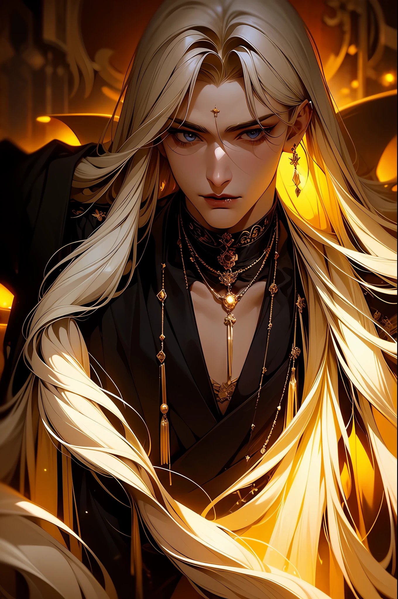 1guy, gorgeous dapper vampire male with perfect balance of masculine and feminine features, stunning long blonde hair, luxury suit, white and gold tetradic colors, perfect anatomy, seductive eyes, 8k resolution, (Single person), masterpiece, perfect face:1.2), intricate details, beach detailed background, 32k, covered navel, full lips, curvy guy, cinematic lighting,