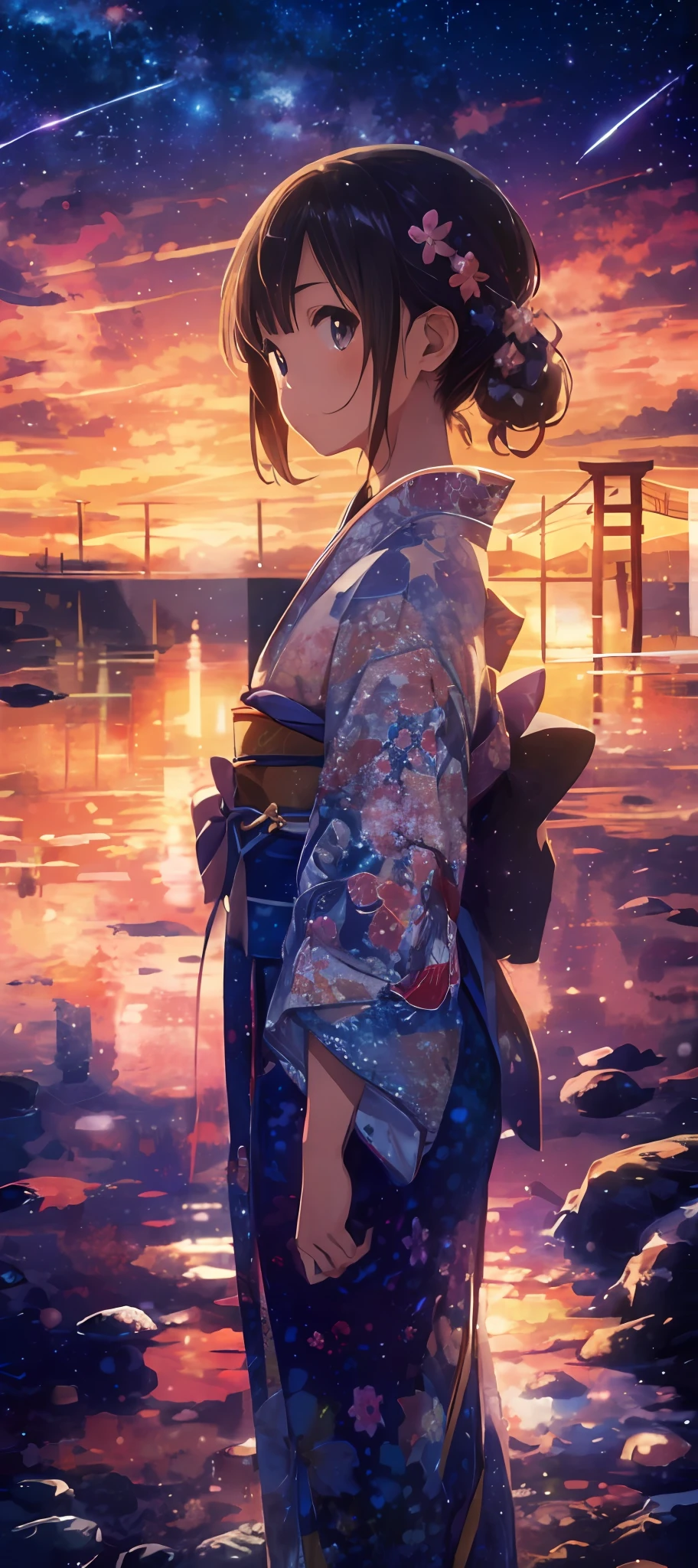 1girl, a distant girl kiss girl in a kimono gazing at the stars, (zoomed: 1.1), (meteor shower: 1.2), (comet: 1.1), your name, low angle, from behind, Northern Lights, meteors, yukata, red kimono, cherry blossoms, standing in the field, best quality, masterpiece, clouds, colorful, starry, stars,