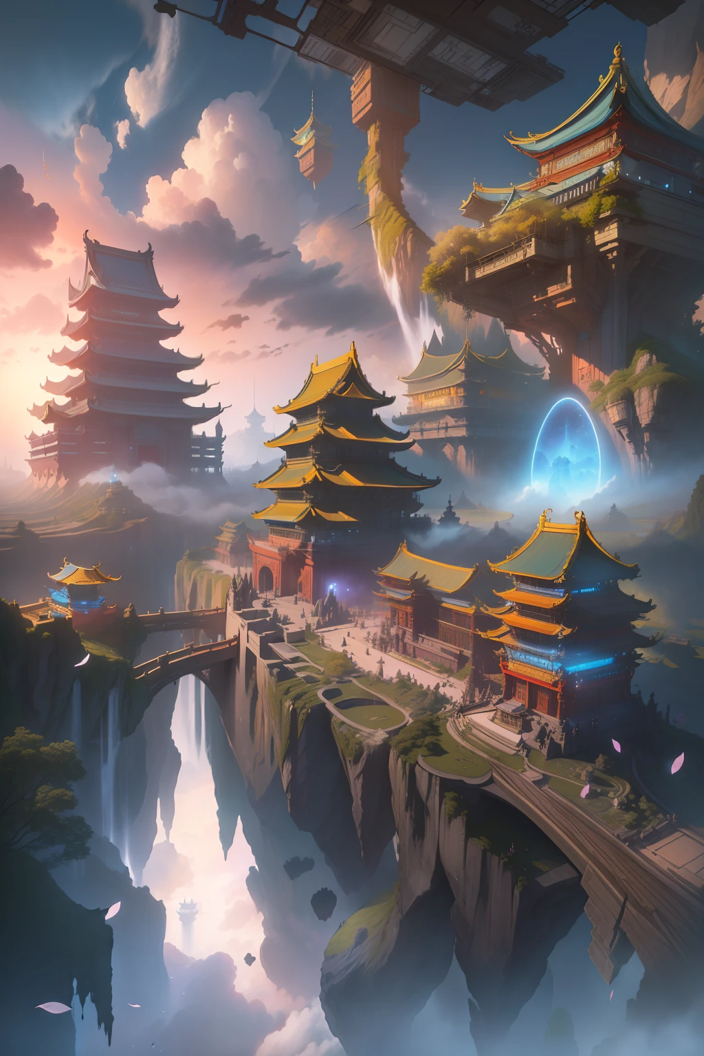 high high quality，Best quality at best，Realiy，Super realistic，super detailing，A high resolution，8K，Very realistic，Epic fantasy digital art style,sky cities，Many small island cities floating in the sky are connected by chain bridges，The city is above the endless starry sky，Below is a fantastic starry sky,Fantasy sci-fi city，The dystopian city of the future，Sci-fi alien flying machines shuttling through the sky, Dazzling、Electronic music style lighting，Create a neon feast for the city of the future。((tmasterpiece:1.2))（intricately details：1.2），(Extremely detailed floating city:1.3), ((A detailed mirage floating above the clouds)，(Detailed hallucinations of Chinese mythology, The illusion of detail in the Forbidden City in China)，(Highly transparent mirage)，((Detailed view of the base of the Phantom Castle)),Ultra-detailed,extremely detailed and beautiful, Sky and white clouds and sunset glow background, (A city on a floating cloud, Floating petals, A garden in bloom in the sky, Many vines on the wall:1.2) imagination, Dream， offcial art， RAW photogr， Incredibly Ridiculous res， (super wide shot), Holy light,动态照明， cinmatic lighting， highest details， extremy detailed， Hyper-detailing， finedetail，