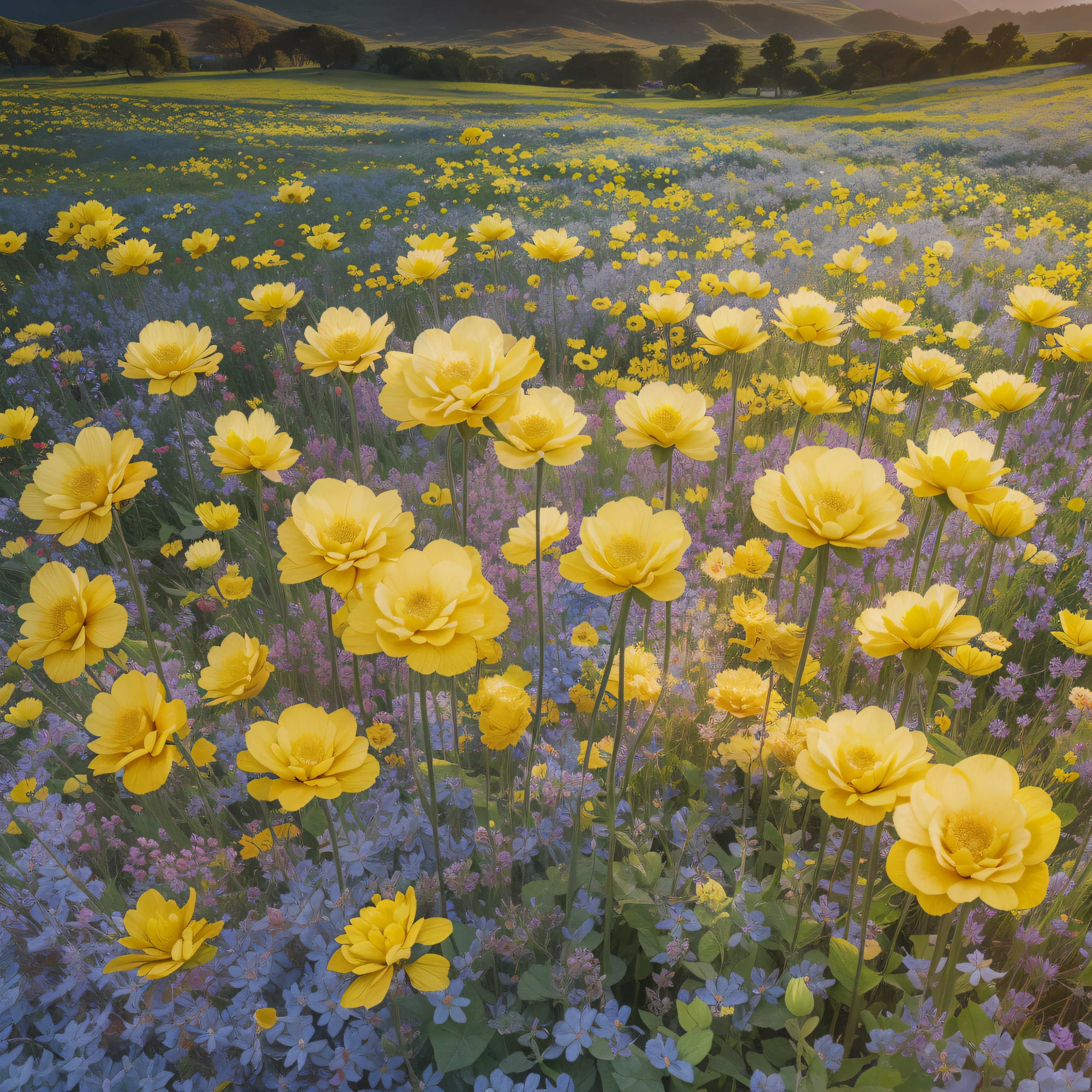 flores, grama, colina, campo, profundidade de campo, flor rosa, flor branca, flor amarela, raios de luz, warm ilumination, Detailed lighting, nuvens, turquoise sky, foco solo, solo.