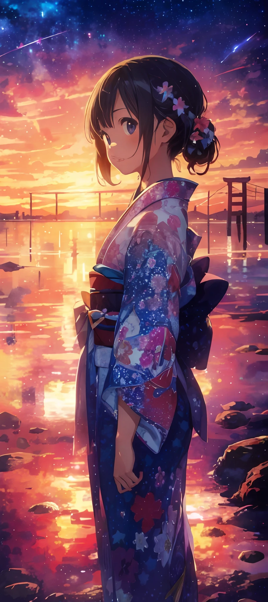 1girl, a distant girl kiss girl in a kimono gazing at the stars, (zoomed: 1.1), (meteor shower: 1.2), (comet: 1.1), your name, low angle, from behind, Northern Lights, meteors, yukata, red kimono, cherry blossoms, standing in the field, best quality, masterpiece, clouds, colorful, starry, stars,