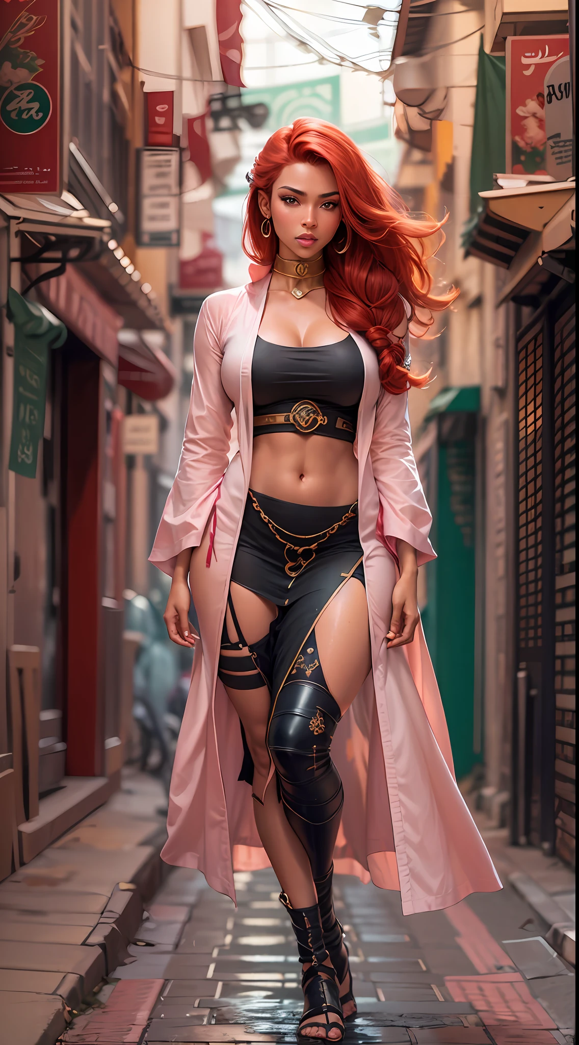 Best image , HDR , ultra resolution , 8k image , Tall Redhead woman 22 years old , dark skin , red hair , thick thighs , medium breasts showing , sexy Arab ninja outfit , light pink clothes , wet lips , on the streets . arabic ninja sensualizing