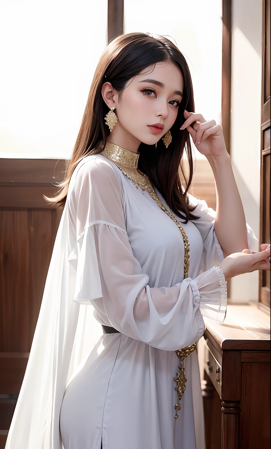 (8k, photo RAW, photoreallistic : 1,25), (lipgloss, cils, gloss-face, peau brillante, beste-Qualit, ultra highres, profondeur de champ, aberration chromatique, caustiques, Wide lighting, ombrage naturel, idole Kpop) regardant le spectateur d'un bonheur serein et divin, caftan marocain
