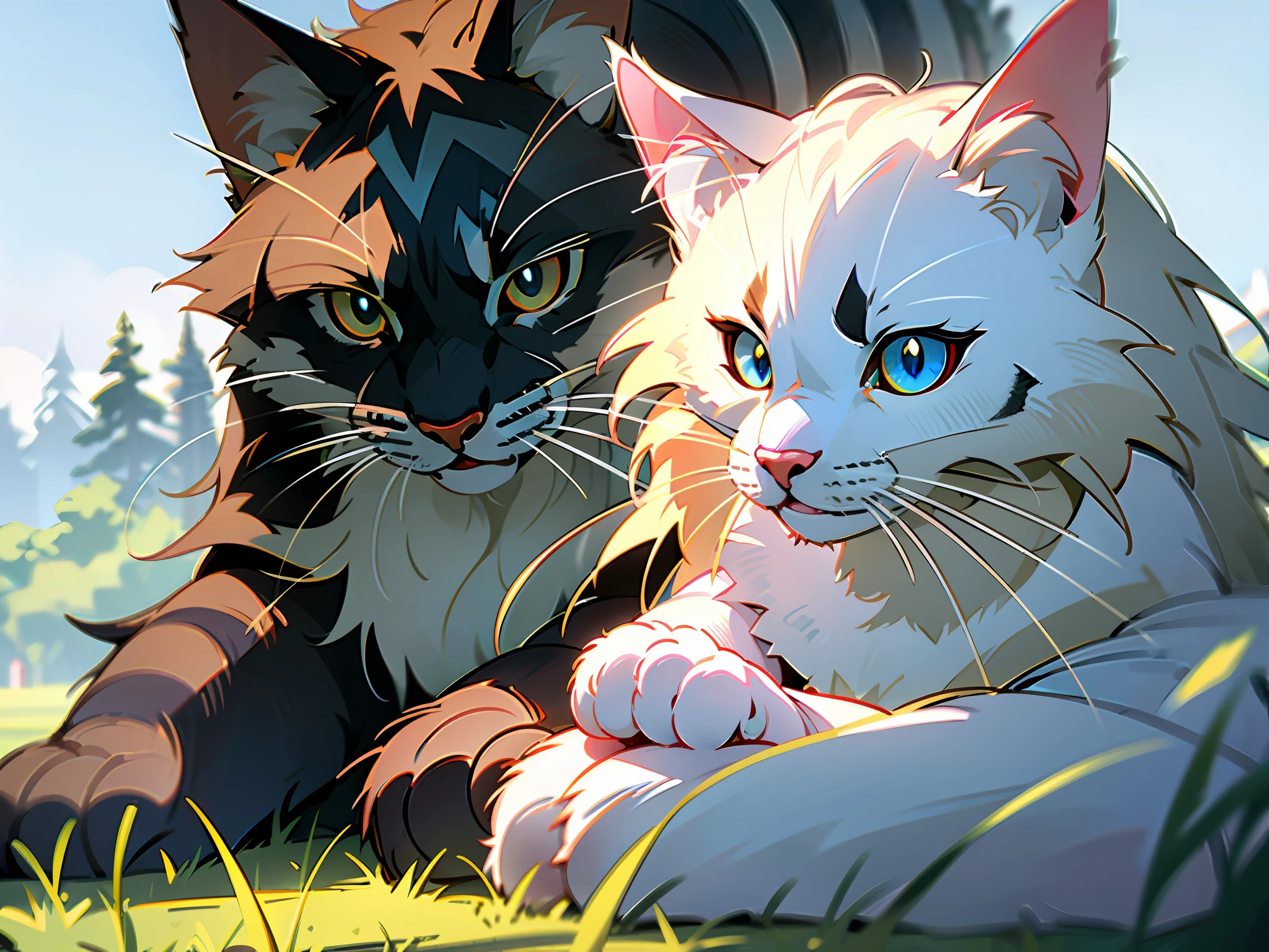 （furry face1.3），1cat, maine coon, Raccoon cat, Maine , White cat, Cat eyes, light blue  eyes, Heterochromatic, Tortoiseshell on the grass, Sit, During the day, Sitting on the Steppe, Long hair, Beautiful detailed eyes, Extremely detailed eyes and face, light in face, Cute, Best quality, Masterpiece, illustration, An extremely delicate and beautiful, Extremely detailed ,CG ,Unity ,8K wallpaper, Amazing, finedetail, Masterpiece, Best quality, offcial art, Extremely detailed Cg Unity 8K wallpaper, absurderes, unbelievable Ridiculous, hugefilesize, Ultra-detailed, A high resolution, Extremely detailed, (Best quality), (Realistic, photo-realistic:1.2), 8K, Soft lighting, High quality, offcial art, Extremely detailed Cg Unity 8K wallpaper, Cinematic lighting.