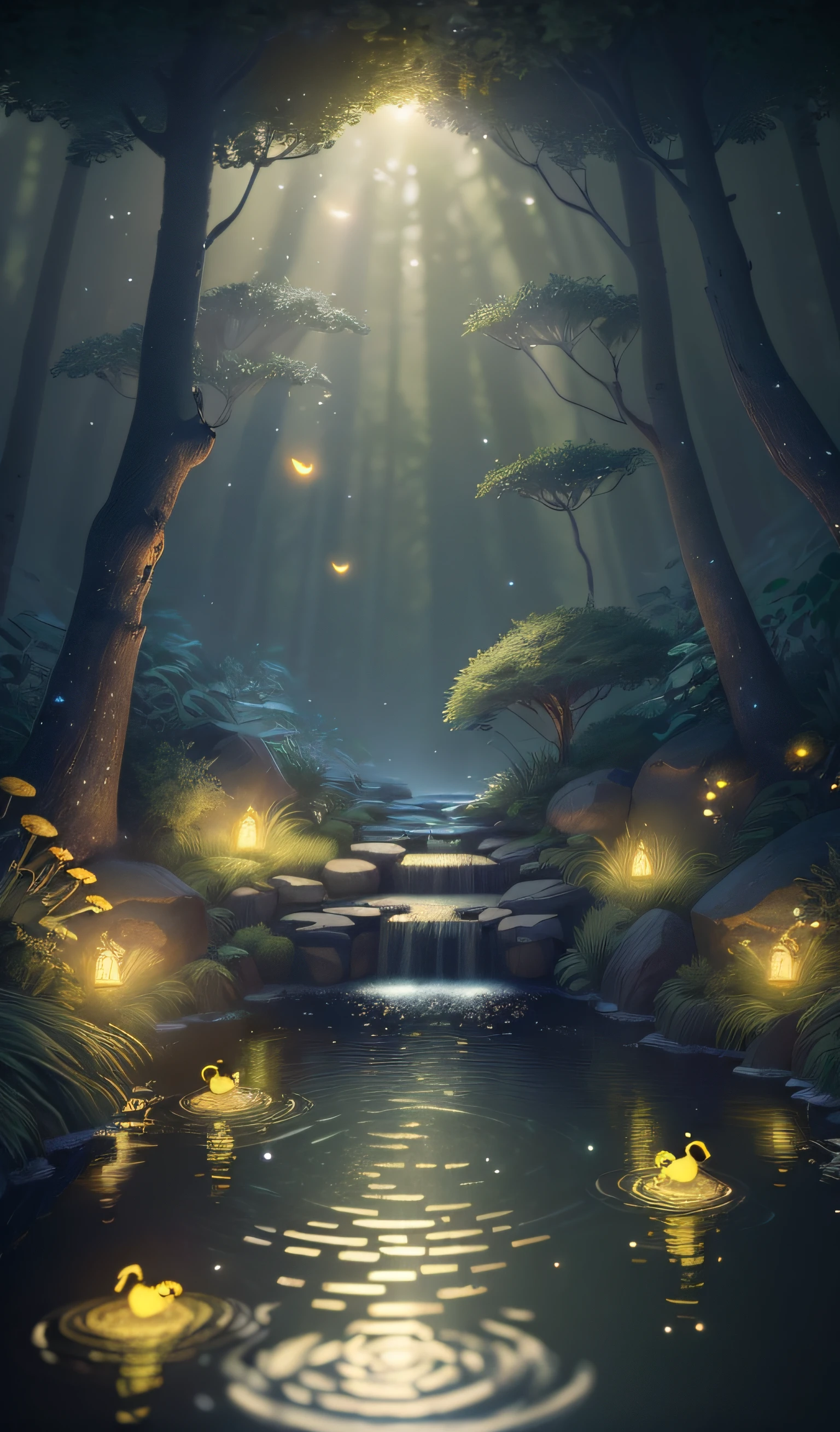 Masterpiece, best quality, (very detailed CG unity 8k wallpaper), (best quality), (best illustration), (best shadows), glow sprite, with a glowing deer, in the swimming pool Drinking water, natural elements in the forest theme. Mysterious forest, beautiful forest, nature, surrounded by flowers, delicate leaves and branches surrounded by fireflies (natural elements), (jungle theme), (leaves), (twigs), (fireflies), (particle effects) etc. 3D , Octane rendering, ray tracing, super detailed