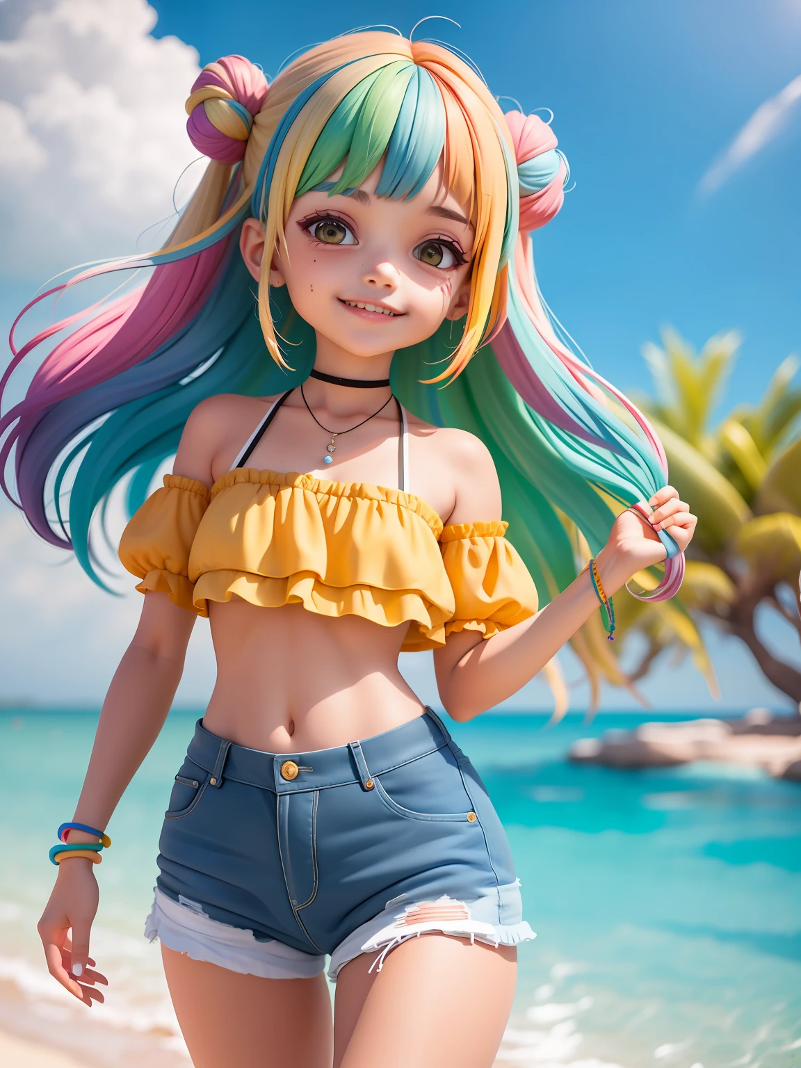 (obra-prima), (melhor qualidade), (ultra-detalhado), (corpo inteiro: 1.2) loli menina morena, longo, leve e detalhado, sorriso claro, corpo inteiro, :3, cabelo multicolor, moderno, Modern accessories, fundo tom pastel , colorido e simples.