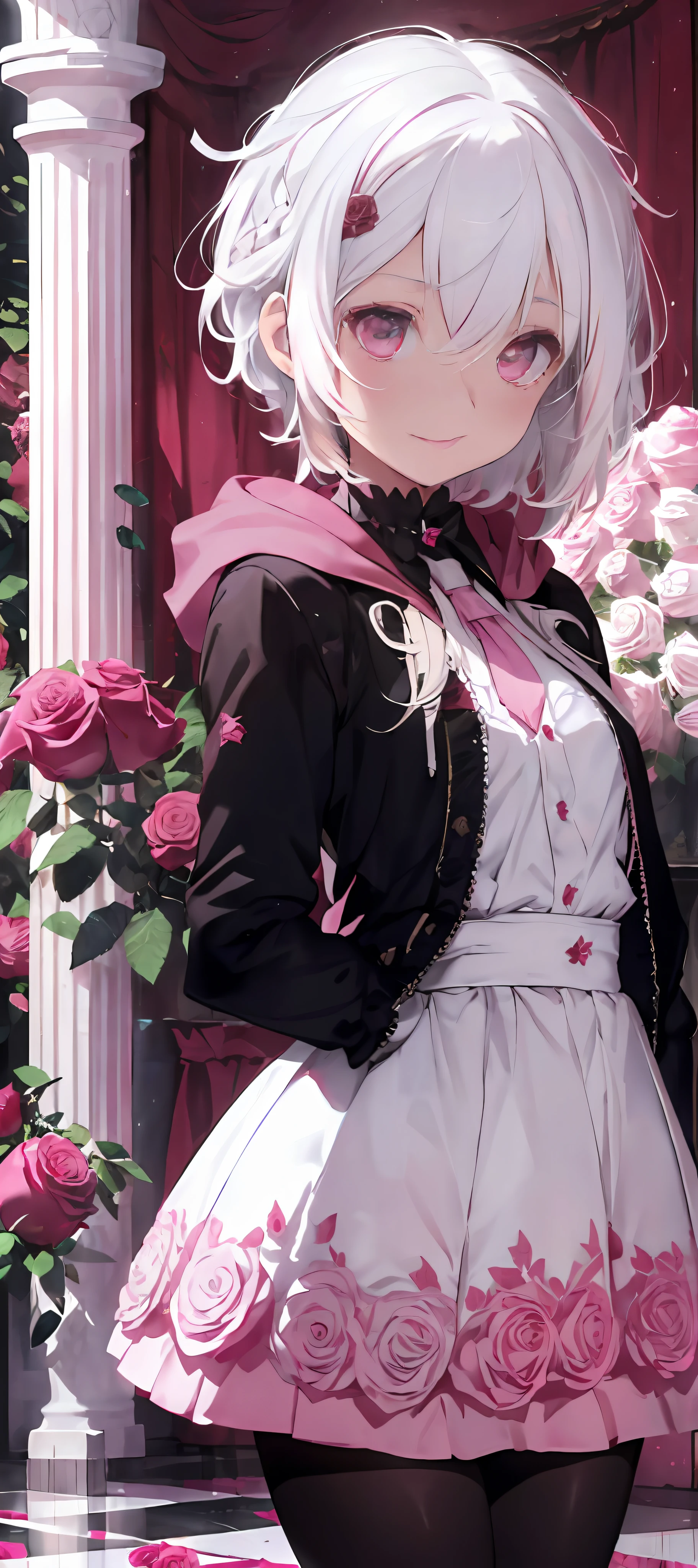 Mash Kyrielight,(White hair:1.5),Short hair,Red Eyes,Hair over one eye,Black blouse,Red tie,Black pantyhose,Miniskirt,White jacket,hooded jacket, extremely delicate and beautiful girl, superfine illustration, contour deepening beautiful detailed glow, unbelievable Ridiculous, up looking_で_viewer, ;D, extra detailed body, Petite, girl,Woman,Female, ,10 years oldr, Curly hair, Bangs, eyes visible through hair, Side braid, White hair, multicolored hair, Red inner color, beautiful detailed Glass hair, Delicate beautiful face, grinning evily, Red pupils, tusk, Fingernails, Small_breasts, pale blue eyes, White skin, Choker, (thorns:1.1),(A lot of roses:1.5),(Pink Rose:1.5),,(Chessboard,Fantasy),((Pink Gothic Room:1.5)),((Pink tiled floor,Tile floor:1.2)),(Decoration of sweets),(White and pink interior,sweets:1.3),