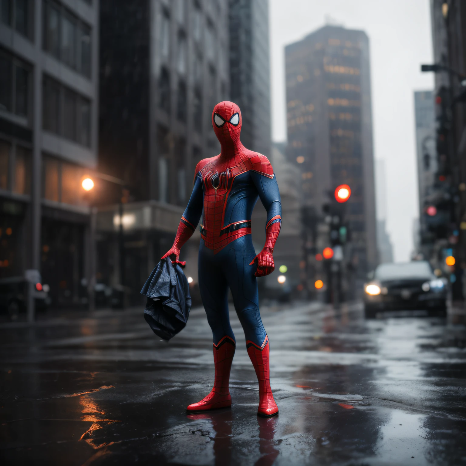 spider - man in a suit standing in the rain in a city, hero pose colorful city lighting, portrait of spiderman, futuristic style spiderman, peter parker as spiderman, comic book character, spiderman, marvel superhero, in style of marvel and dc, marvel character, superhero portrait, movie still 8 k, marvel comics dslr hdr, spider-man, spider - man