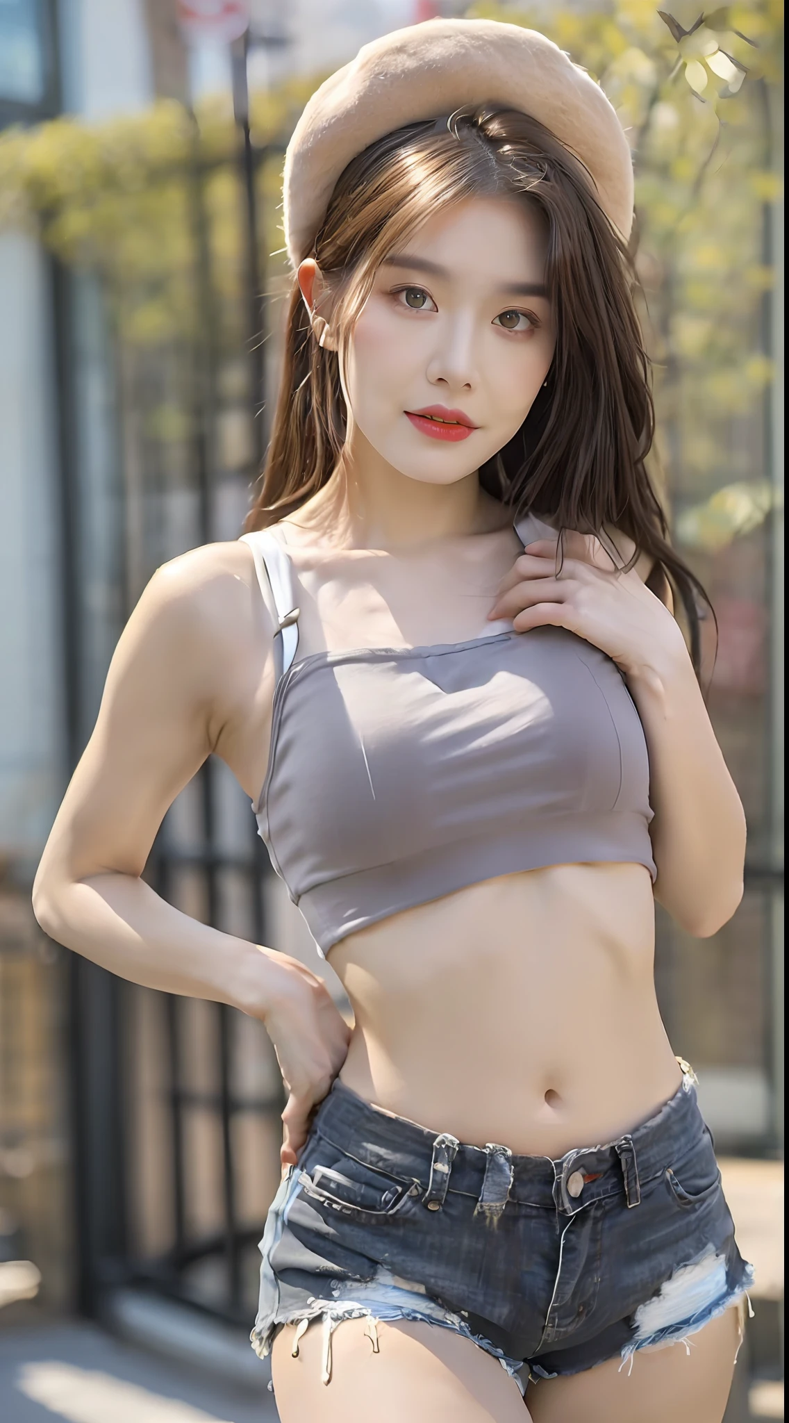 ((Best Quality, 8K, Masterpiece: 1.3)), (Flower Cap: 1.3), Focus: 1.2, Perfect Body Beauty: 1.4, Buttocks: 1.2, (Layered Haircut: 1.2)), (Dark Street: 1.3), Highly Detailed Face and Skin Texture, Full Body, Delicate Eyes, Double Eyelids, Whitened Skin, Long Hair, (Round Face: 1.5), (Loose Crop Top, Shorts: 1.6)