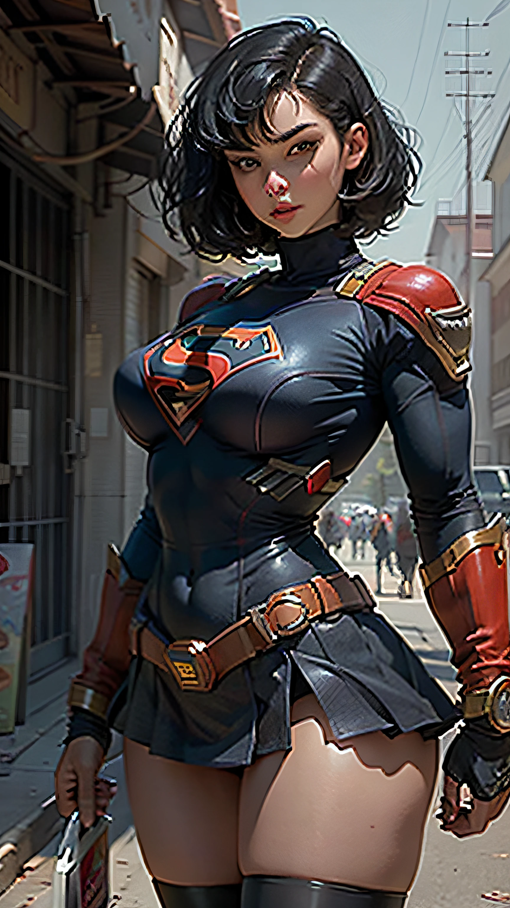 Beautiful woman short black hair defined body big breasts, wearing Supergirl cosplay