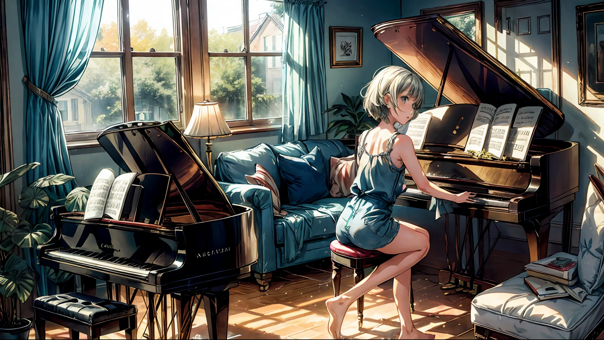 living room, couch, window, curtains, dappled sunlight, table, cabine, piano, musician, playing_piano, songs, radio
,1 girl,jeanseabreeze,short hair,perfect body,dynamic angle,
