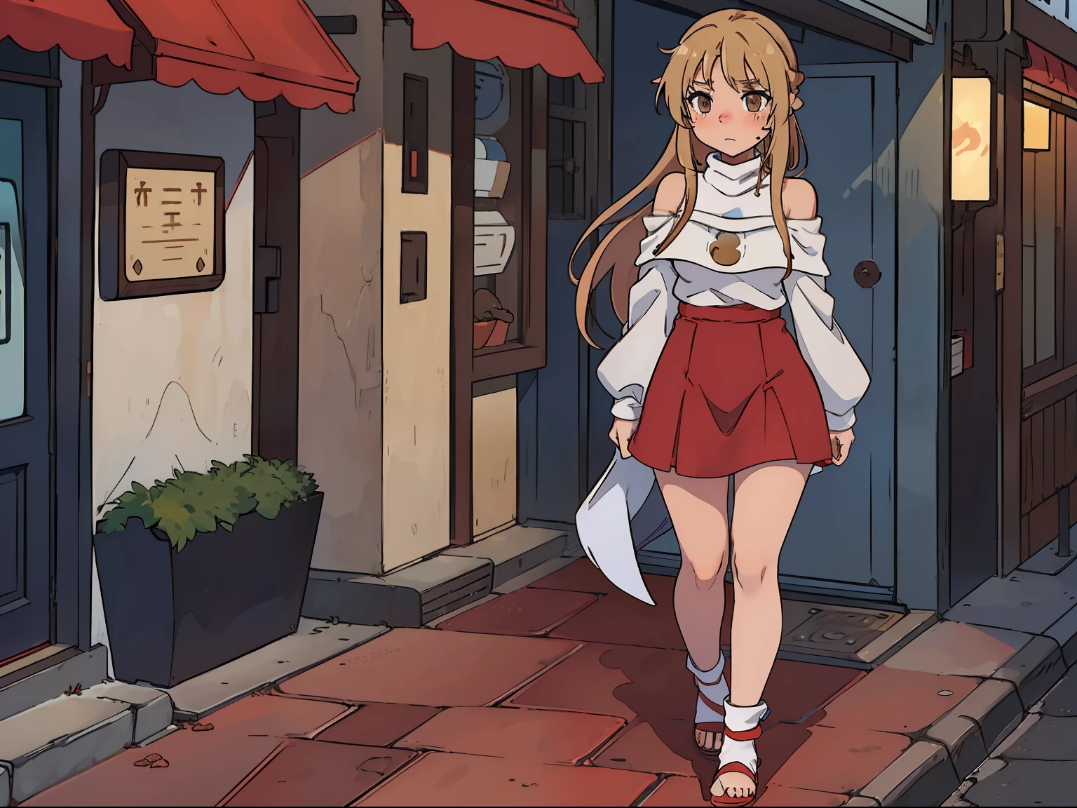 (Asuna1, female, long blond hair, brown eyes, blue off-shoulder turtleneck top, red short skirt, white sandals, mad, blushing), walking away, city sidewalk