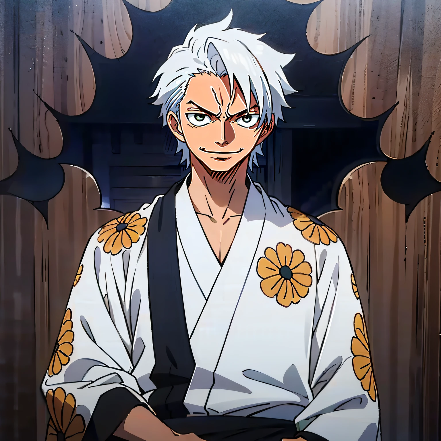 A confident young man with silver hair wearing a yukata, sporting an arrogant smile, against a backdrop of cool and artistic elements.