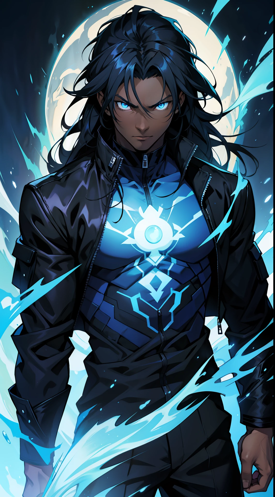 a black skinned anime guy wearing a black jacket, shining blue eyes, using blue flames powers, no shirt, long hair
