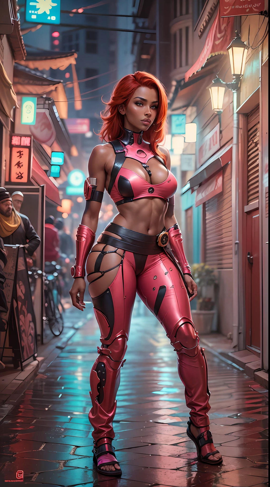 Best image , HDR , ultra resolution , 8k image , Tall Redhead woman 22 years old , dark skin , red hair , thick thighs , medium breasts showing , sexy Arab ninja outfit , light pink clothes , wet lips , on the streets . cyborg arabian ninja sensualizing