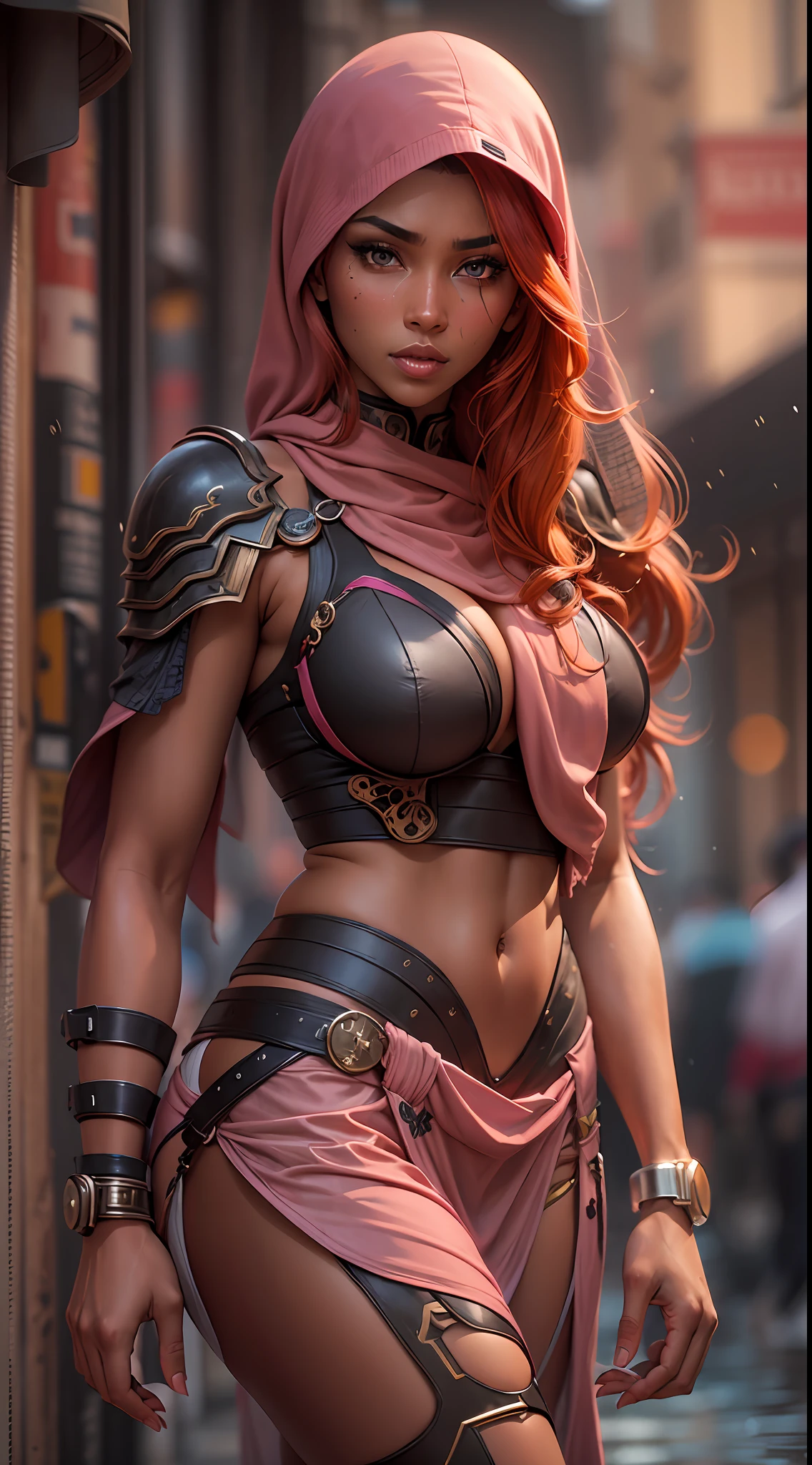 Best image , HDR , ultra resolution , 8k image , Tall Redhead woman 22 years old , dark skin , red hair , thick thighs , medium breasts showing , sexy Arab ninja outfit , light pink clothes , wet lips , on the streets . cyborg arabian ninja sensualizing