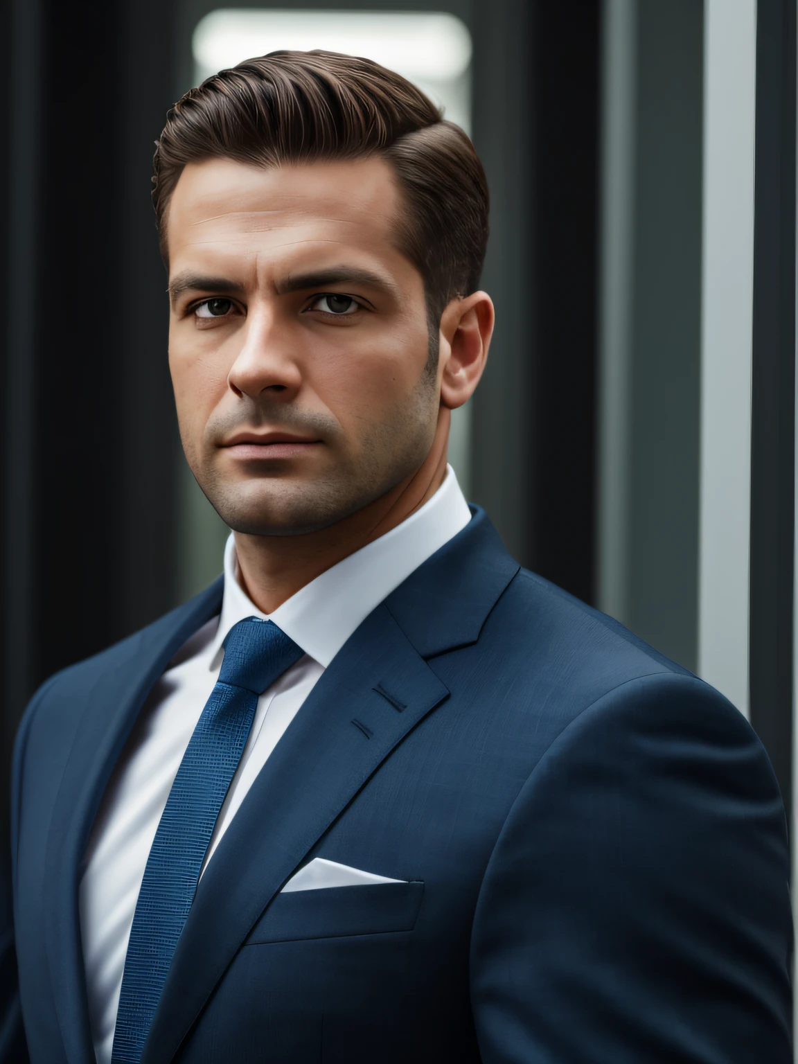 a Man standing with 30 years in suit and tie, body and head straight in the photo, facing the viewer of the photo, eyes fixed to the lens, appears shoulders and head in the photo, man centered in the photo, 8k, best quality, masterpiece, realistic, realistic photo, movie photo, ultra realistic, 1 person, detailed, perfect lighting,  DSRL, professional photo, 4k