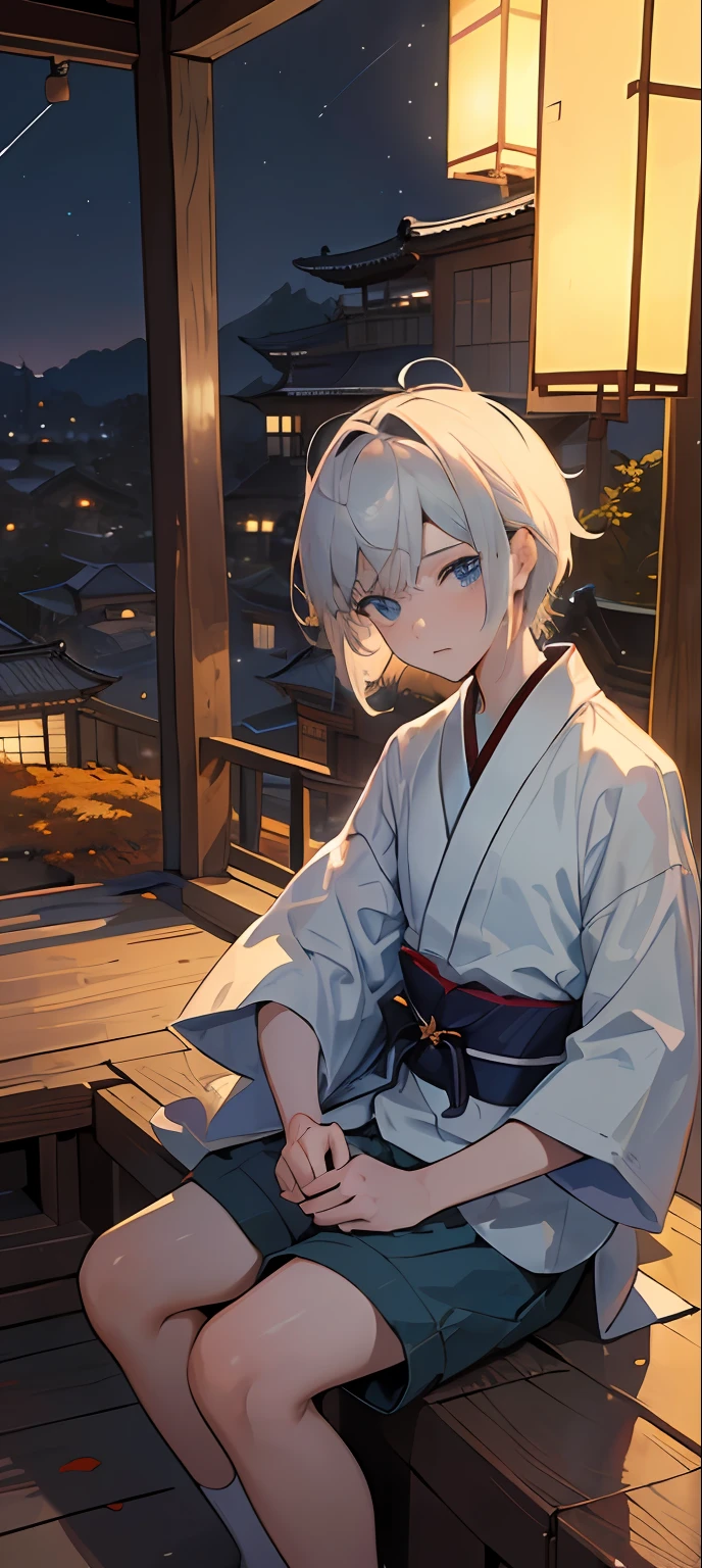 ((masterpiece:1.3, best quality:1.4)), delicate mature gentleman,1boy ,solo, spiky hair, light blue eyes, japanese traditional student suit,buttom shorts, ((sitting near building's ledge)), rooftop, city view, seaside city, incredible view, ((nighttime)), city lights, sparkling, ((small traditional japanese village)), autumn leaves in the air, autumn season, stars night sky, forest in the distance, {{front view}},detailed face