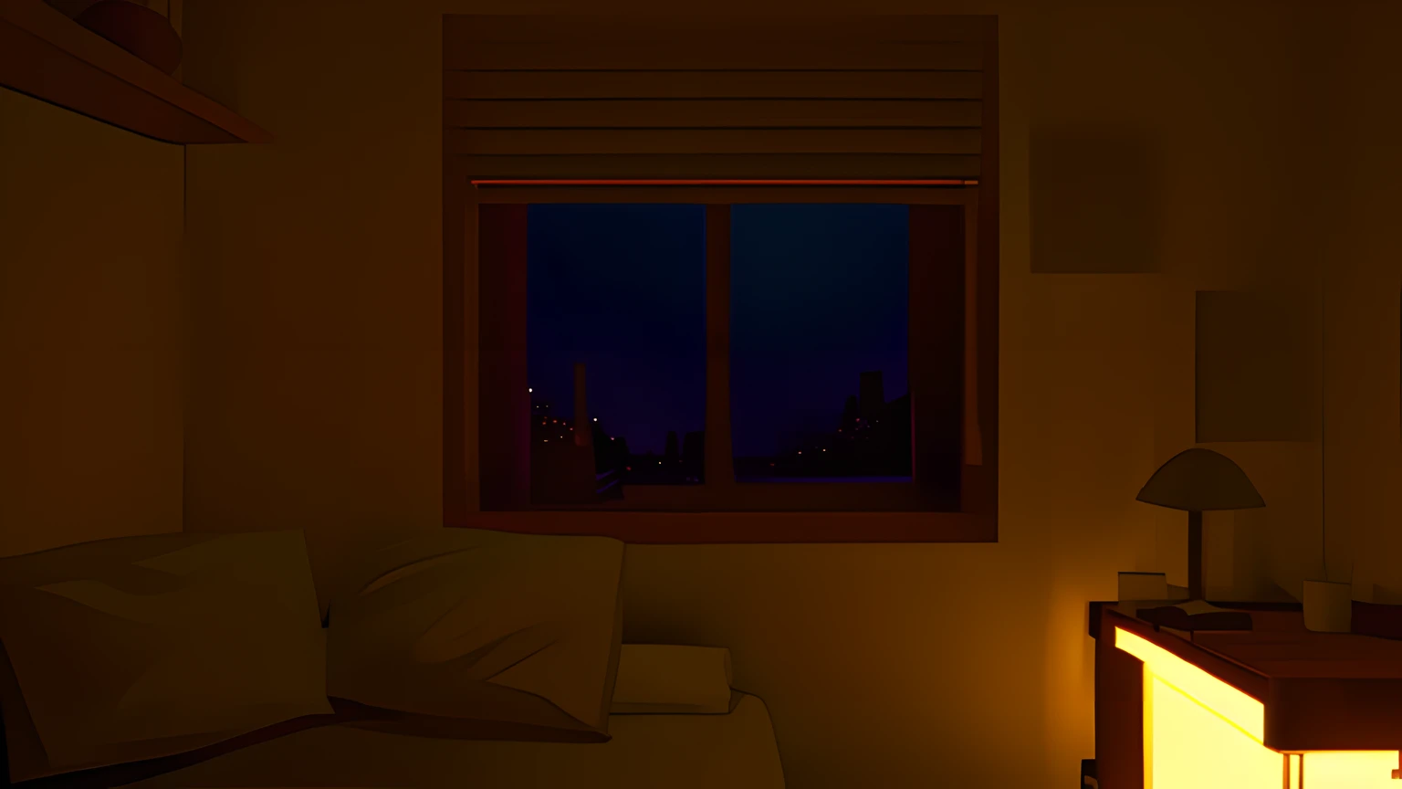 room at night, cama, melancholic environment, hard lighting, oscuro