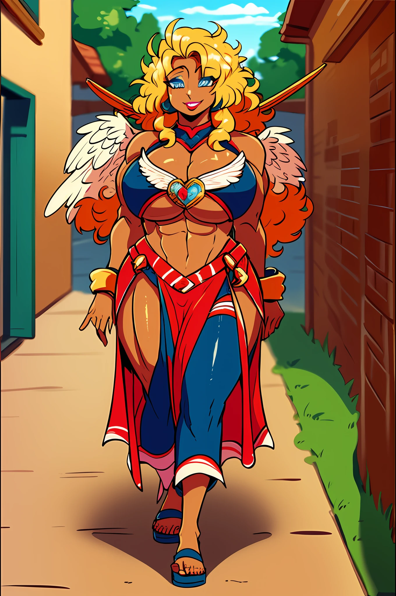 blond hair, sexy hair, muscle girl huge breast, revealing cloths, darkskinned-female, makeup, red lips, bimbo, angel, cupidon, long dress, walking, angel wings, pants, , flip flops, smile, medieval village
