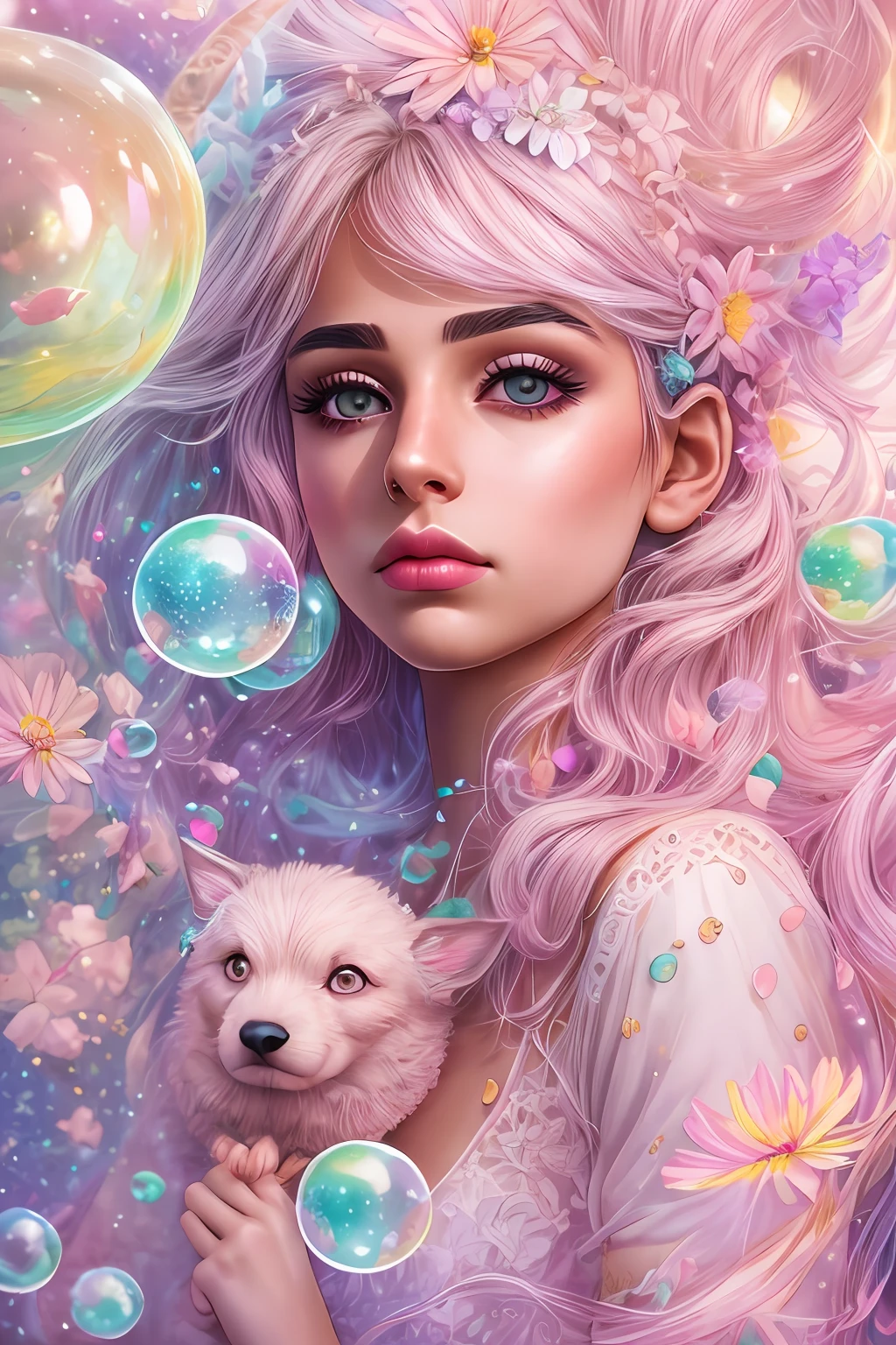 ((masterpiece)). This artwork is sweet, dreamy and ethereal, with soft pink watercolor hues and candy accents. Generate a delicate and demure fae exploring a (bubblegum world with a wide variety of pastel shades). Her sweet face is extremely detailed and realistic with elegant features and a fierce expression, and looks like ((((naomi scott)))). Include mature features and stunning, highly realistic eyes. Her eyes are important and should be realistic, highly detailed, and beautiful. In high definition and detail, include lots of details like stars, galaxies, colorful bubbles, colorful petals, and lots of energy and emotion! The stars and colorful bubblegum bubbles are important! Include fantasy details, enhanced details, iridescence, colorful glittering wind, and pollen. Pay special attention to her face and make sure it is beautifully and realistically detailed. The image should be dreamy and ethereal.8k, intricate, elegant, highly detailed, majestic, digital photography
