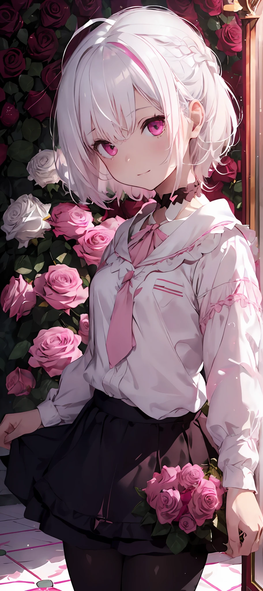 Mash Kyrielight,(White hair:1.5),Short hair,Red Eyes,Hair over one eye,Black blouse,Red tie,Black pantyhose,Miniskirt,White jacket,hooded jacket, extremely delicate and beautiful girl, superfine illustration, contour deepening beautiful detailed glow, unbelievable Ridiculous, up looking_で_viewer, ;D, extra detailed body, Petite, girl,Woman,Female, Little,child,, Medium Hair, Curly hair, Bangs, eyes visible through hair, Side braid, White hair, multicolored hair, Red inner color, beautiful detailed Glass hair, Delicate beautiful face, grinning evily, Red pupils, tusk, Fingernails, Small_breasts, pale blue eyes, White skin, Choker, (thorns:1.1),(A lot of roses:1.5),(Pink Rose:1.5),,(Chessboard,Fantasy),((Pink Gothic Room:1.5)),((Pink tiled floor,Tile floor:1.2)),(Decoration of sweets),(White and pink interior,sweets:1.3),