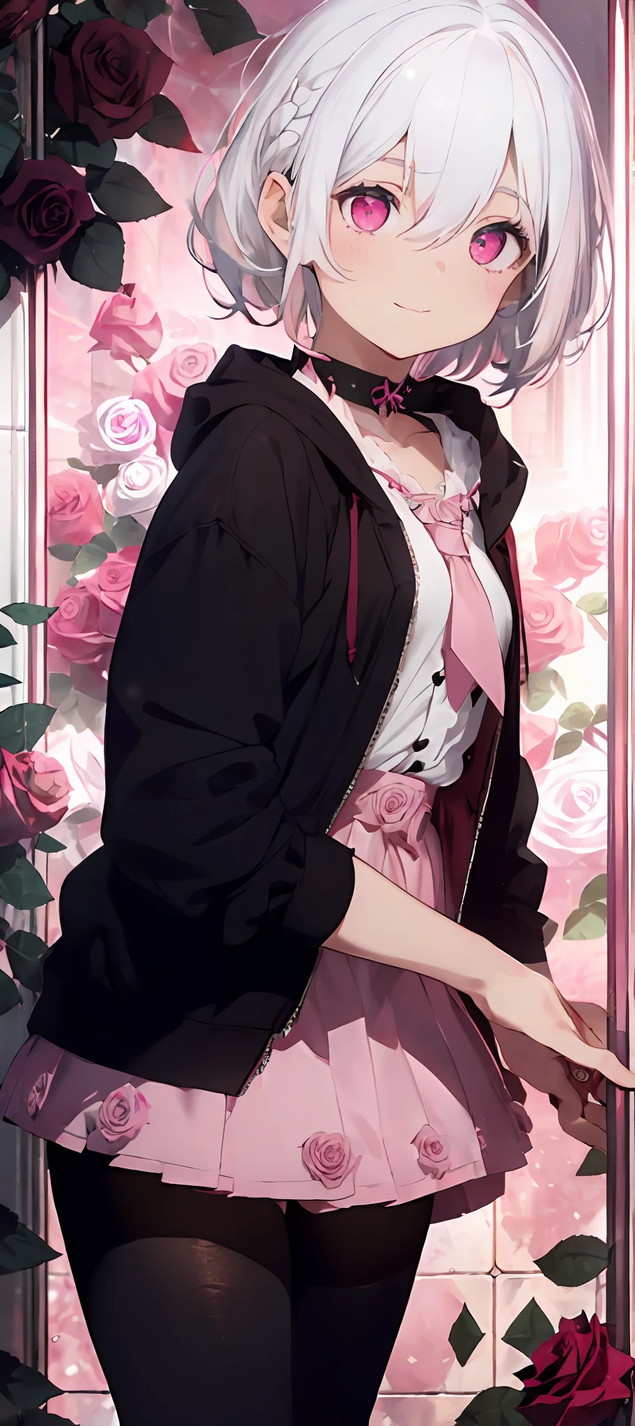 Mash Kyrielight,(White hair:1.5),Short hair,Red Eyes,Hair over one eye,Black blouse,Red tie,Black pantyhose,Miniskirt,White jacket,hooded jacket, extremely delicate and beautiful girl, superfine illustration, contour deepening beautiful detailed glow, unbelievable Ridiculous, up looking_で_viewer, ;D, extra detailed body, Petite, girl,Woman,Female, ,10 years oldr, Curly hair, Bangs, eyes visible through hair, Side braid, White hair, multicolored hair, Red inner color, beautiful detailed Glass hair, Delicate beautiful face, grinning evily, Red pupils, tusk, Fingernails, Small_breasts, pale blue eyes, White skin, Choker, (thorns:1.1),(A lot of roses:1.5),(Pink Rose:1.5),,(Chessboard,Fantasy),((Pink Gothic Room:1.5)),((Pink tiled floor,Tile floor:1.2)),(Decoration of sweets),(White and pink interior,sweets:1.3),