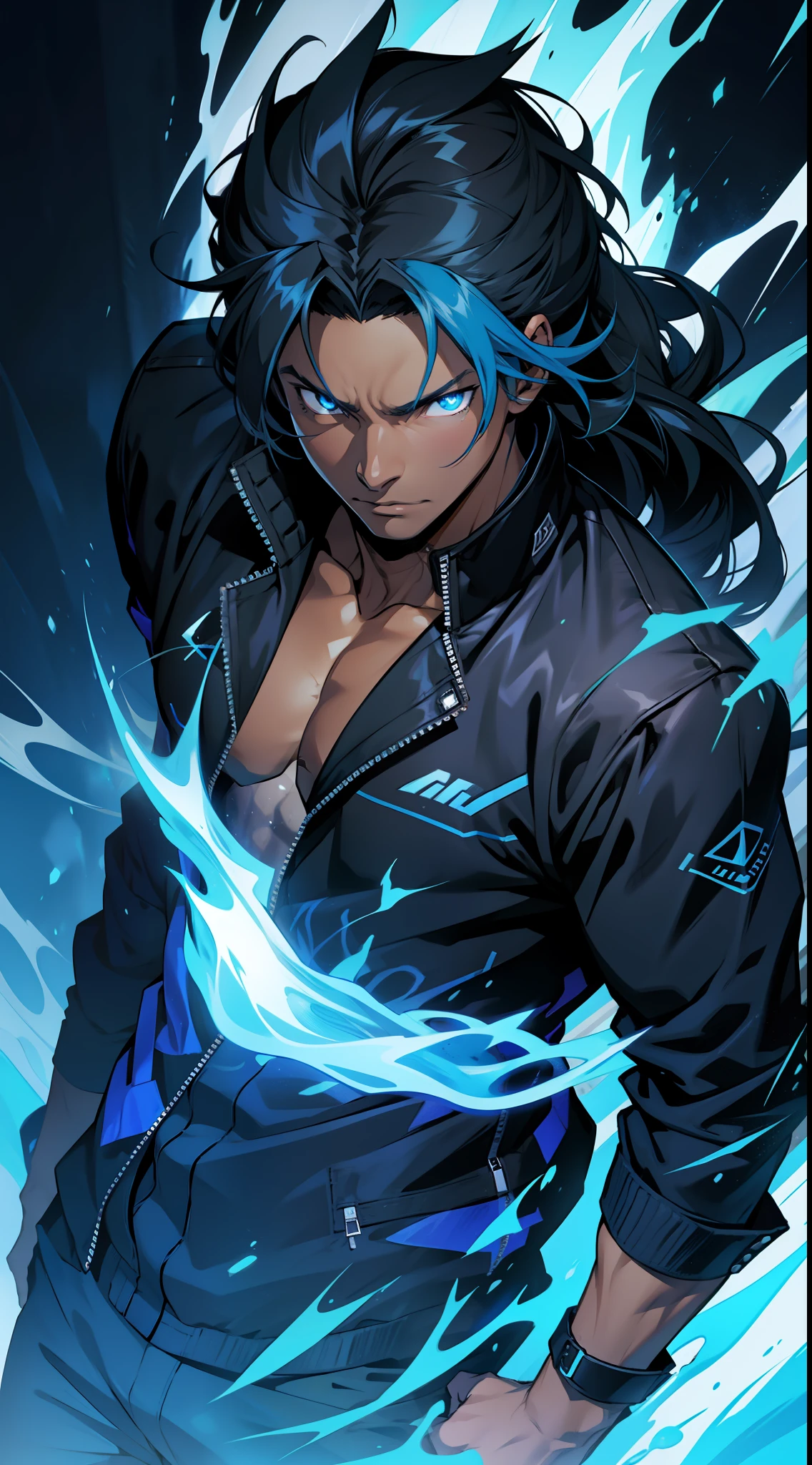 a black skinned anime guy wearing a black jacket, shining blue eyes, using blue flames powers, no shirt, long hair