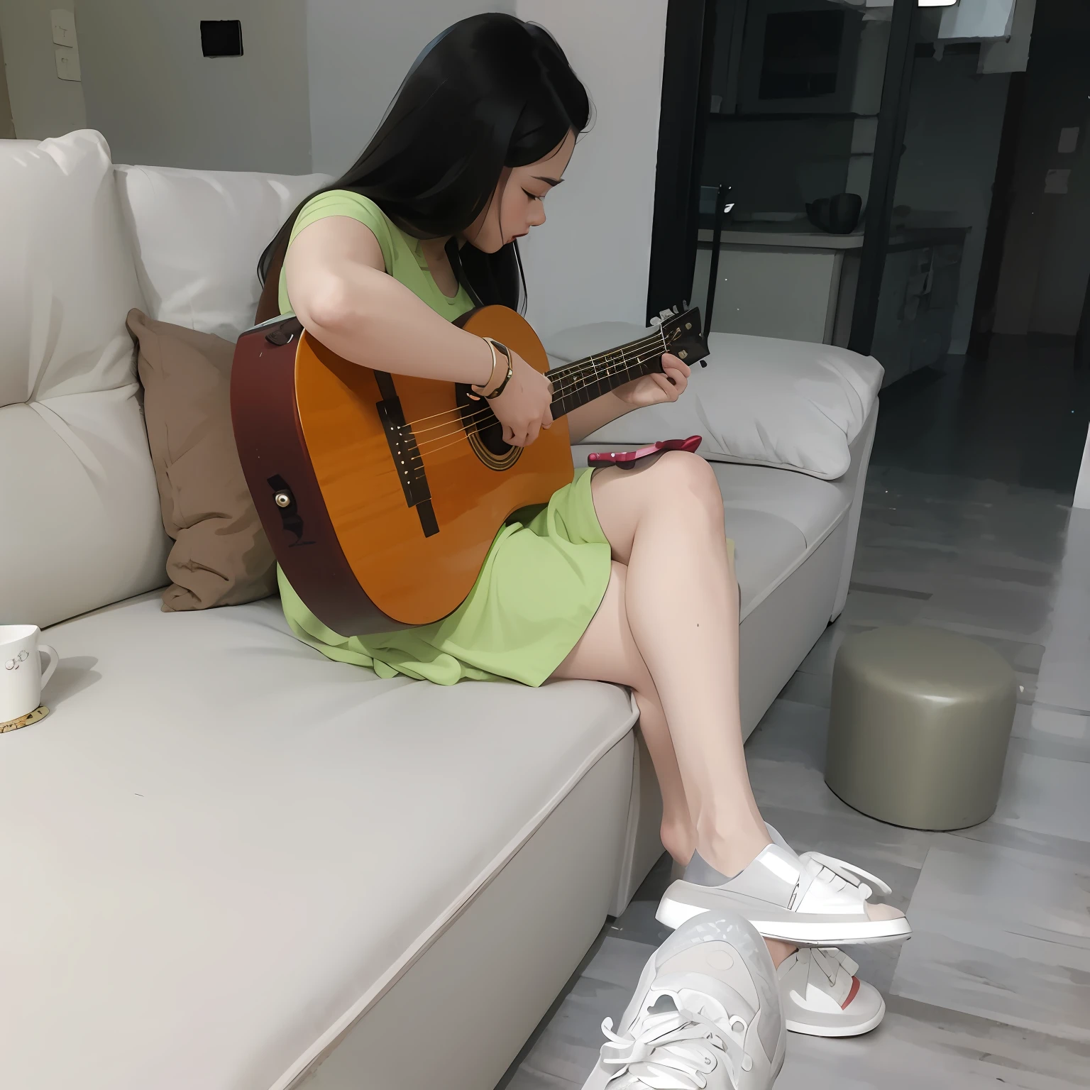 Woman sitting on sofa playing guitar in living room, plays the guitar, Playing guitar, plays the guitar, Girl playing guitar, plays the guitar, guitar solo, is playing a lute, Improvise music, holding guitars, Woman playing guitar, taken with canon 8 0 d, taken with sony alpha 9, dang my linh，Beautiful legs and feet