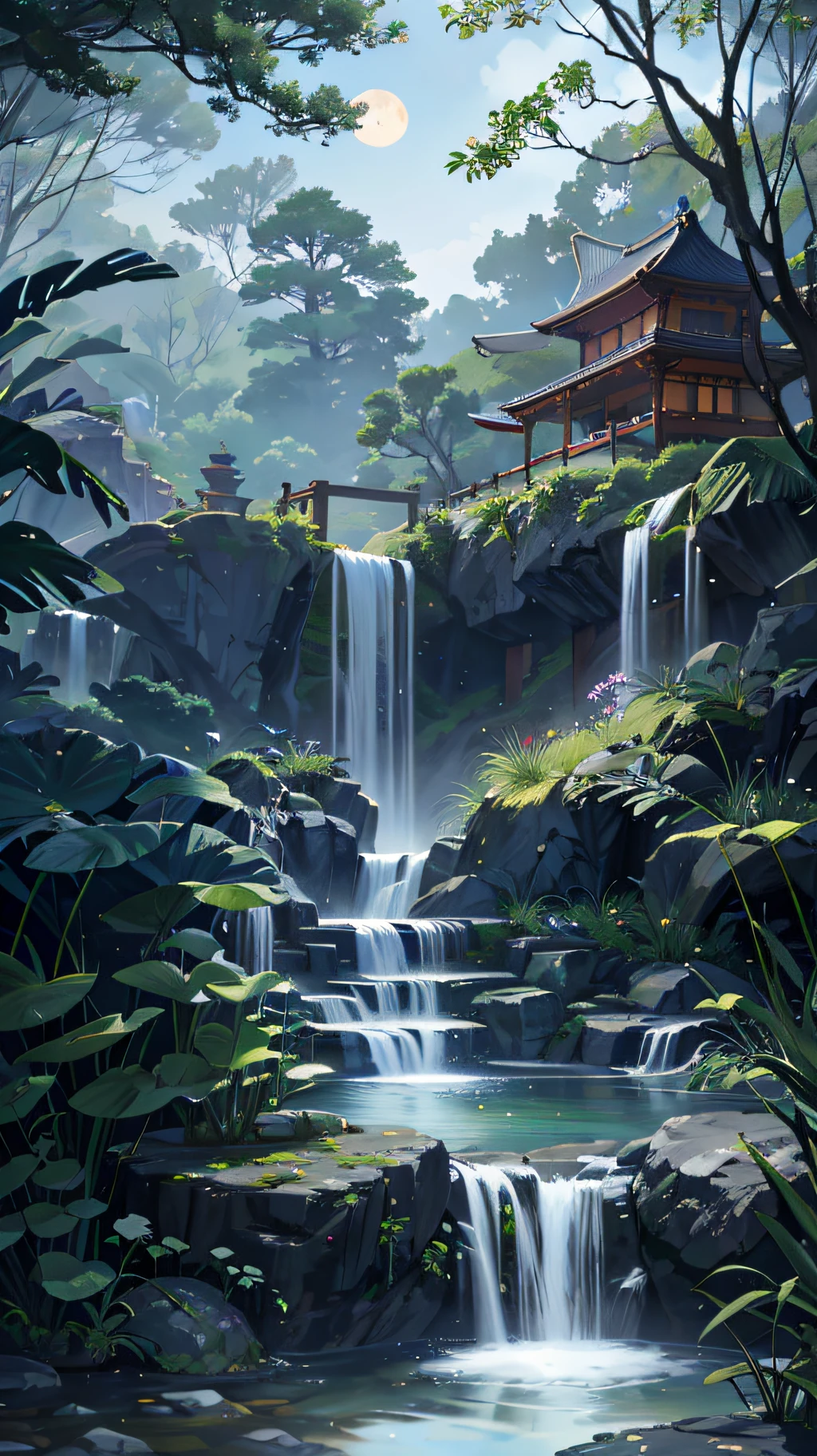 9:16 Full picture, ancient Chinese architecture, hazy moon, night, garden, bamboo, lake, stone bridge, rockery, arch, corner, rockery, tree, running water, landscape, outdoor, waterfall, grass, rock, water lily, hot spring , Water Vapor, (Illustration: 1.0), Epic Composition, Detail Enhancement, Detail Enhancement. Realistic lighting, HD details, masterpiece, best quality, (very detailed CG unity 8k wallpaper), (best quality)