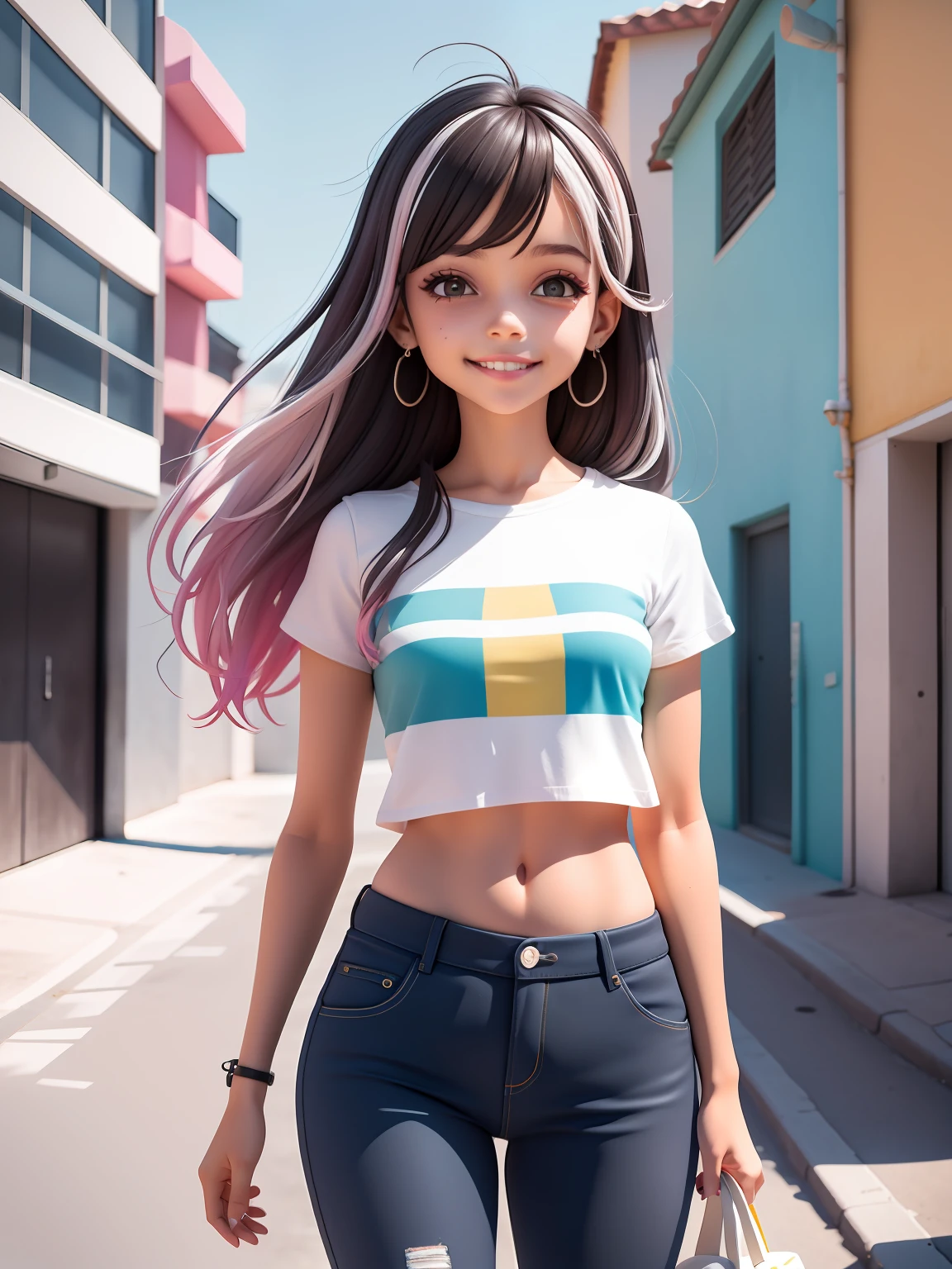 (obra-prima), (melhor qualidade), (ultra-detalhado), (corpo inteiro: 1.2) loli menina negra, street urban, pants and mini blouse, sorriso claro, corpo inteiro, :3, cabelo multicolor, curto, preso, pavor, moderno, Modern accessories, fundo tom pastel , colorido e simples.