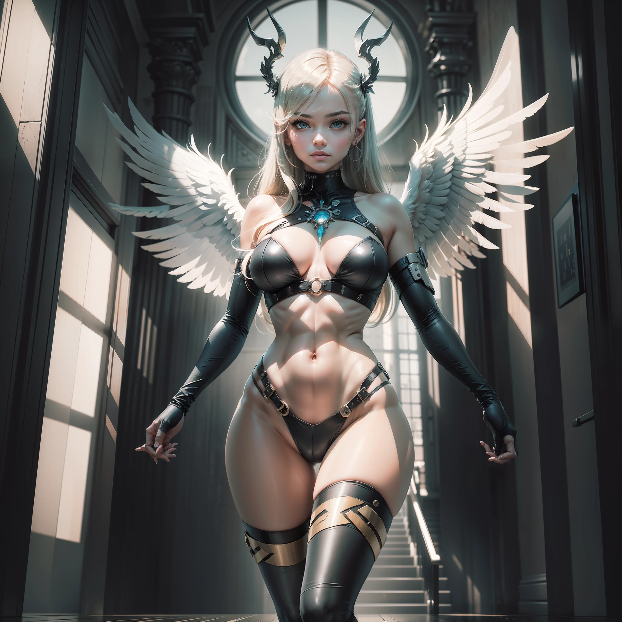 darkly,(Gray and dark style:1.1),,A female angel,The light wrapped around her,Huge feathered wings spread:2,There is a golden halo on the head,musculous,femminine,tmasterpiece,best qualtiy,complexdetails,absurderes,highdetailRAWcolorphoto,highly detailed,glaring lights,cinmatic lighting,Detailed eyes,Clear pupils,Contrast,textureskin,Cold skin pores, hard light, gigapixel, visible to the feet, Flawless face, 8K分辨率, big breasts beautiful, cinematic ligh, ellegance, hyper realisitc, rendering by octane, unreality, High- sharpness, 8K分辨率, highly detailed, 8K UHD, profesional lighting, photon maping, Radio City, physically-based renderingt, s the perfect face, Detailed face and body, Award-winning photography, detailed face with, The light from the back window is backlighted, hyper realisitc, Ray traching, Strong gaze, cinmatic lighting,All-white translucent clothing,The areola is pronounced,Protruding nipple tips,Pronounced areola,Large of breast,Raised sexy,plumw,Plump,Raised sexy,Raised sexy,Raised sexy,。