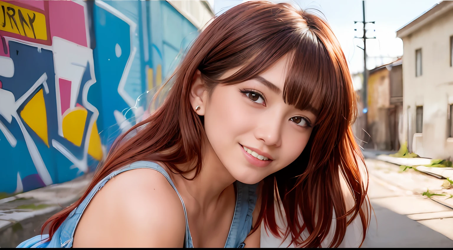 (top-quality、amazing detailed:1.4)、​masterpiece、Original Characters、Natural volume lighting and best shadows、Deep Depth Of Field、foco nítido、Portrait of amazingly beautiful petite girl、full body Esbian、alluring yellow eyes、Sharp eyeliner、seducting smile、Windswept disheveled brown hair、Medium twin-tailed hairstyles with thick layers、Blush eyeshadow with thick eyelashes、cparted lips、Open Furry Court、Denim Short Dress、(Messy painted body:1.05)、(graffiti murals wall background:1.15)、Old industrial area、(Ruined Street Crossword:1.2)、、painting-like、shorth hair、((red blush))、in her 20s、(A smile)