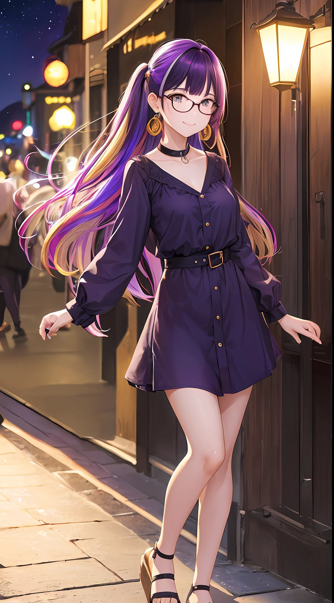 (masterpiece), best quality, expressive eyes, perfect face, 1girl, solo, bluntbangs hair, (illustration: 1.1), (best quality), (beautiful and clear background: 1.25), (extremely detailed CG unity 8k wallpaper: 1.1), (colorful: 0.9), (depth of field: 0.75),
(detailed eyes: 1.4), golden eyes, (multicolored hair: 1.2), purple hair, bright eyes, multi line in hair, glasses, long hair
(purple shirtdress: 1.4),collar, earrings, sandals,
looking_at_viewer, smile, park, outdoor, night, detailed night lamp, close up,