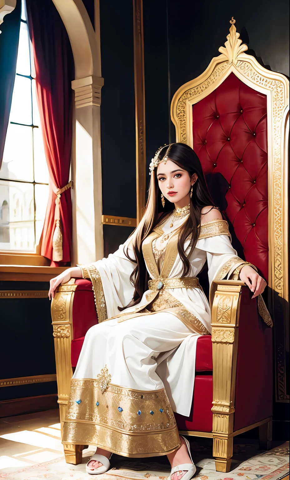 Moroccan princesse full caftan outfit sitting inGreat Legendary throne hyper realistic super detailed