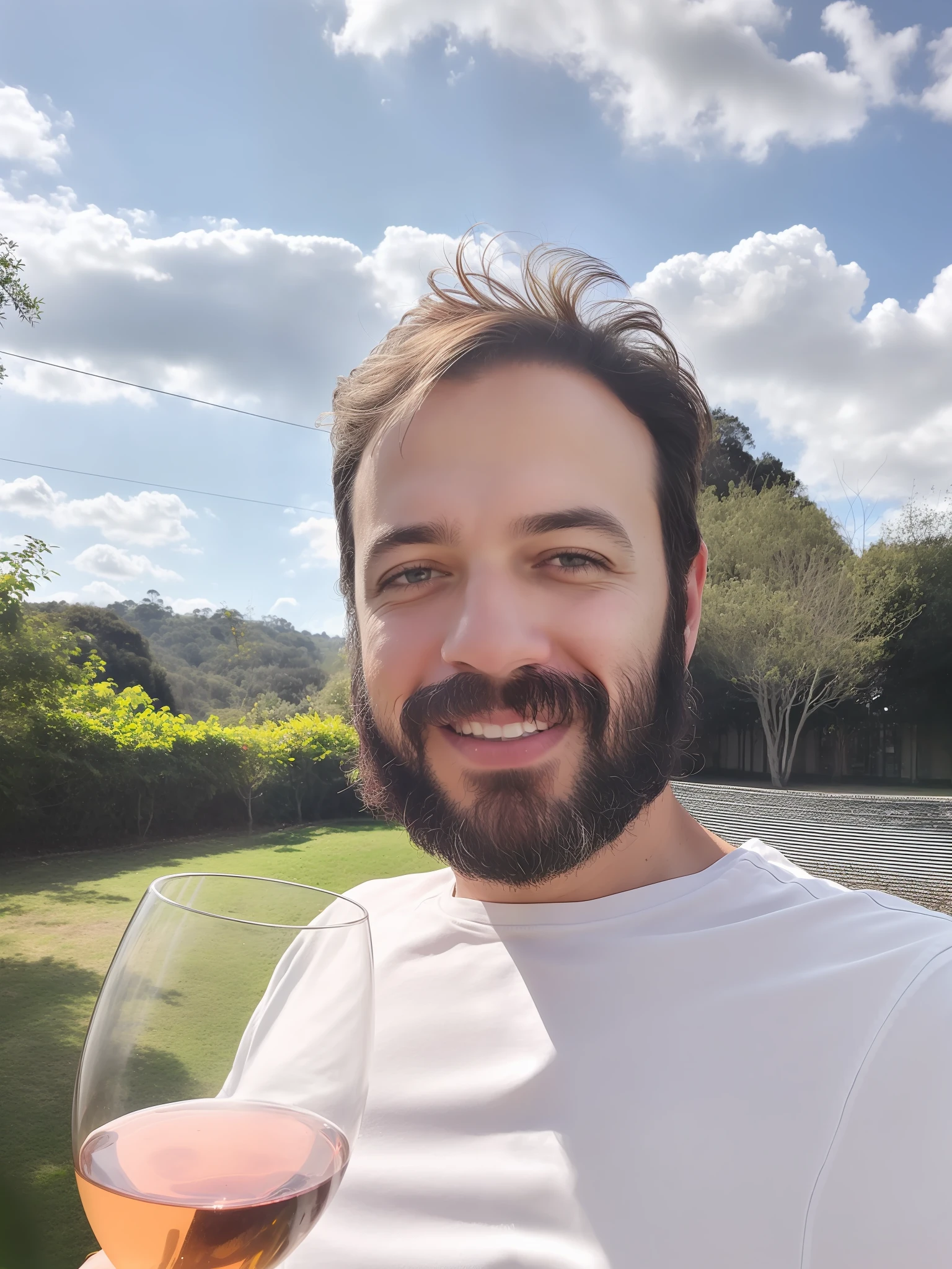 there is a man holding a glass of wine in his hand, Fotografia selfie 8k, selfie de um homem, nice afternoon lighting, gui guimaraes, andrew dickson, album photo, selfie shot straight on angle, with a tree in the background, com um parque ao fundo, foto selfie, (38 anos), divertindo-se, david rios ferreira