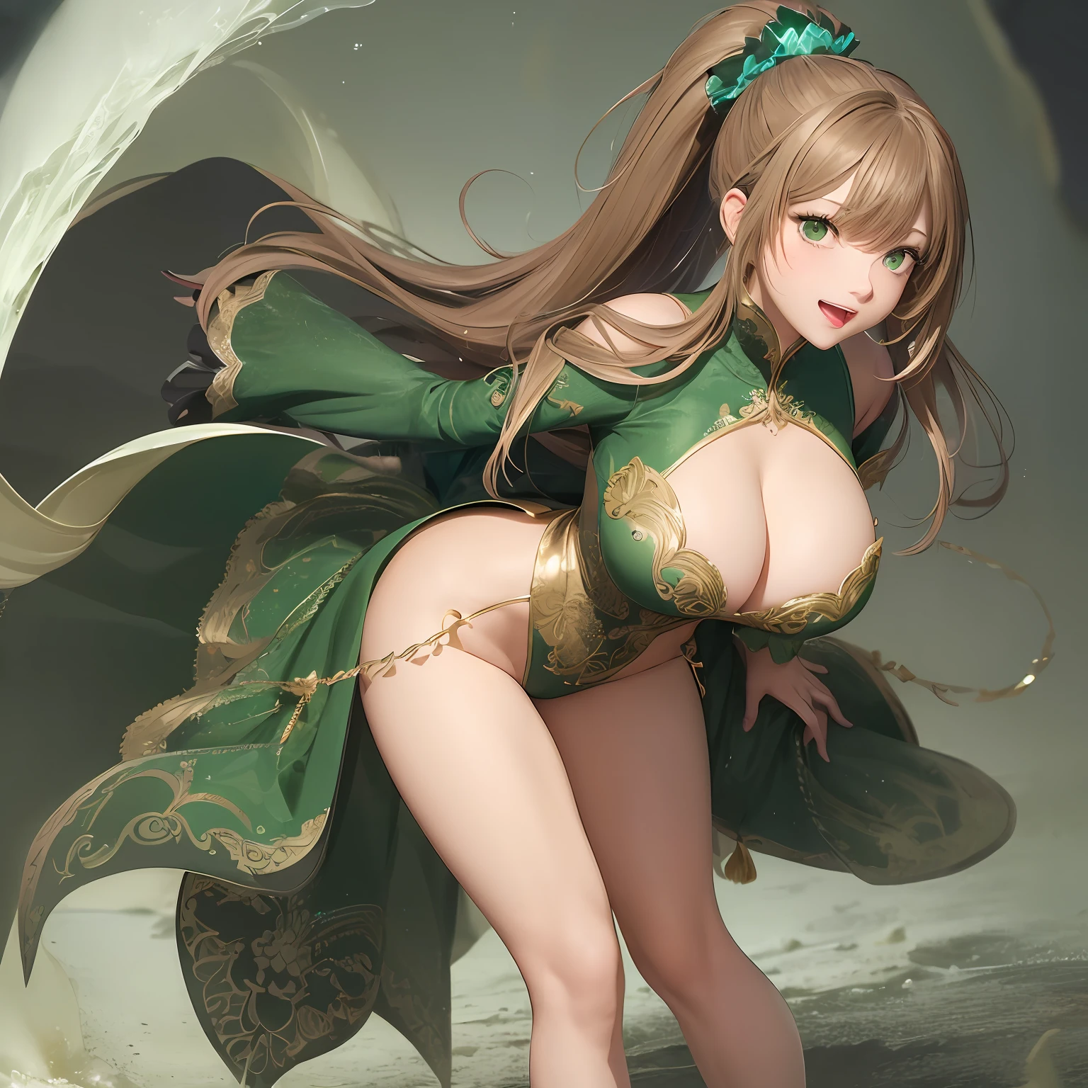 high image, super detail, high resolution, standing split legs, pretty girl, ecstatic expression, amorous expression, seductive look, flowing layered messy wavy light brown ponytail hair, emerald green eyes, huge , under boob, g proportion, perfect proportion, slender, full body