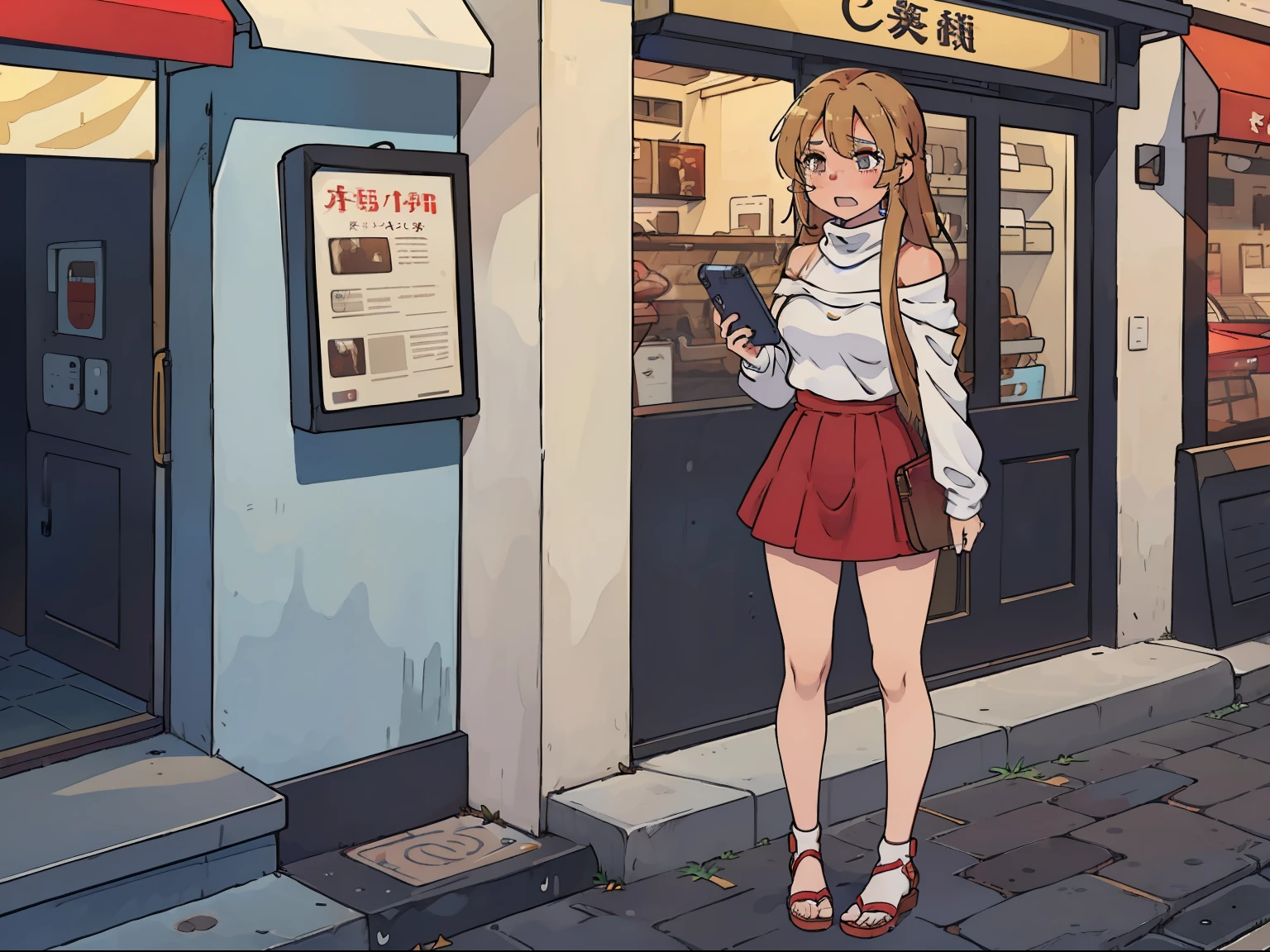 (Asuna1, female, long blond hair, brown eyes, blue off-shoulder turtleneck top, red short skirt, white sandals, mad, tears in eyes), calling using smartphone, city sidewalk