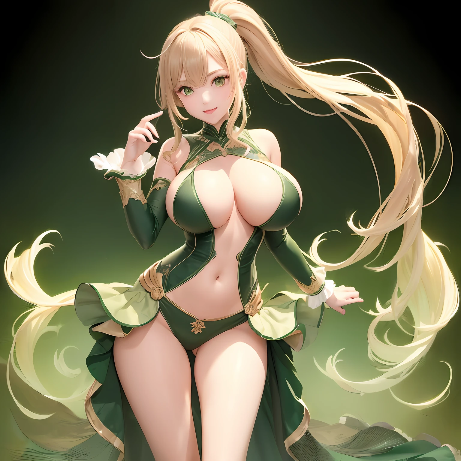 high image, super detail, high resolution, standing split legs, pretty girl, ecstatic expression, amorous expression, seductive look, flowing layered messy wavy light brown ponytail hair, emerald green eyes, huge breasts, under boob, great proportion, perfect proportion, slender, full body