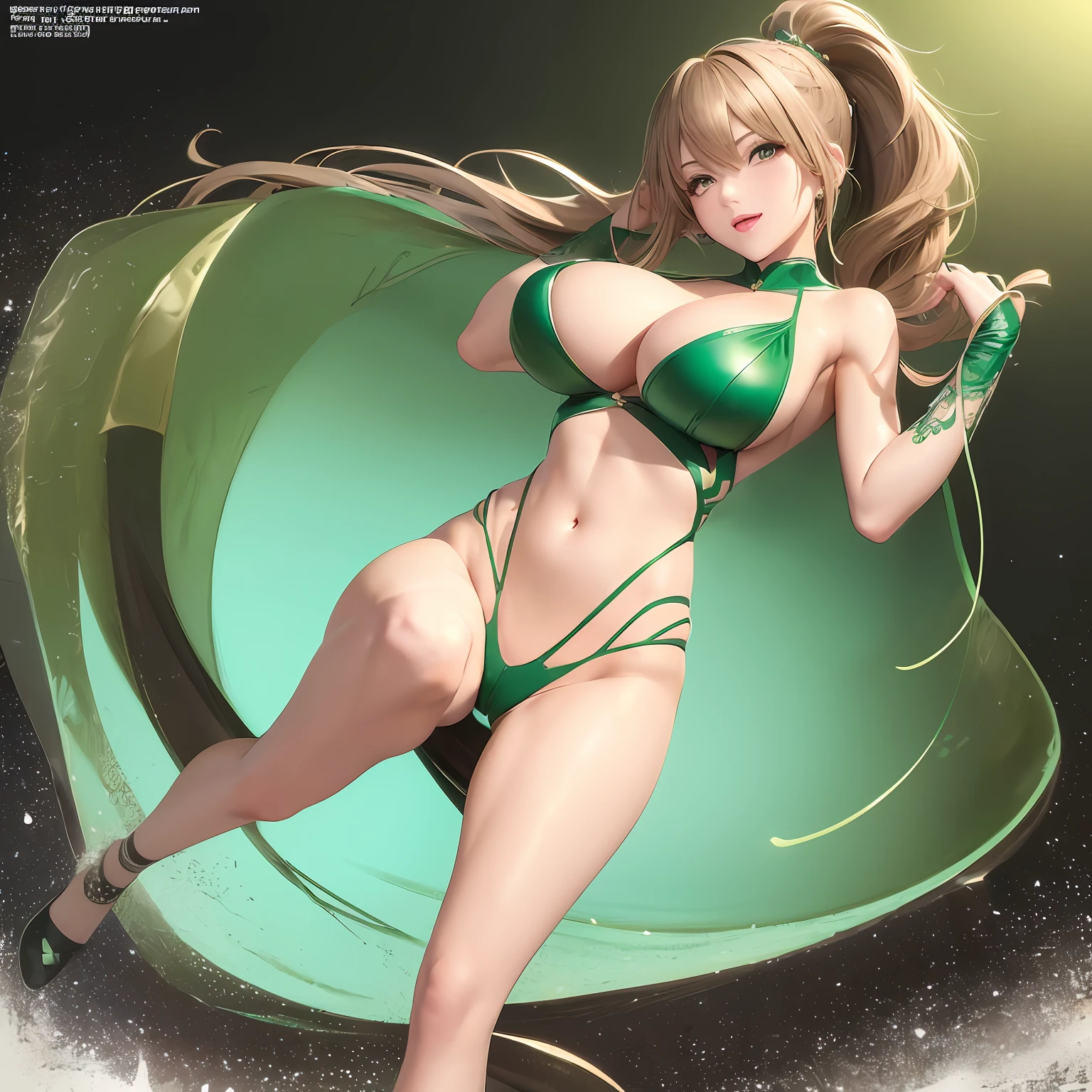 high image, super detail, high resolution, standing split legs, pretty girl, ecstatic expression, amorous expression, seductive look, flowing layered messy wavy light brown ponytail hair, emerald green eyes, huge breasts, under boob, great proportion, perfect proportion, slender, full body