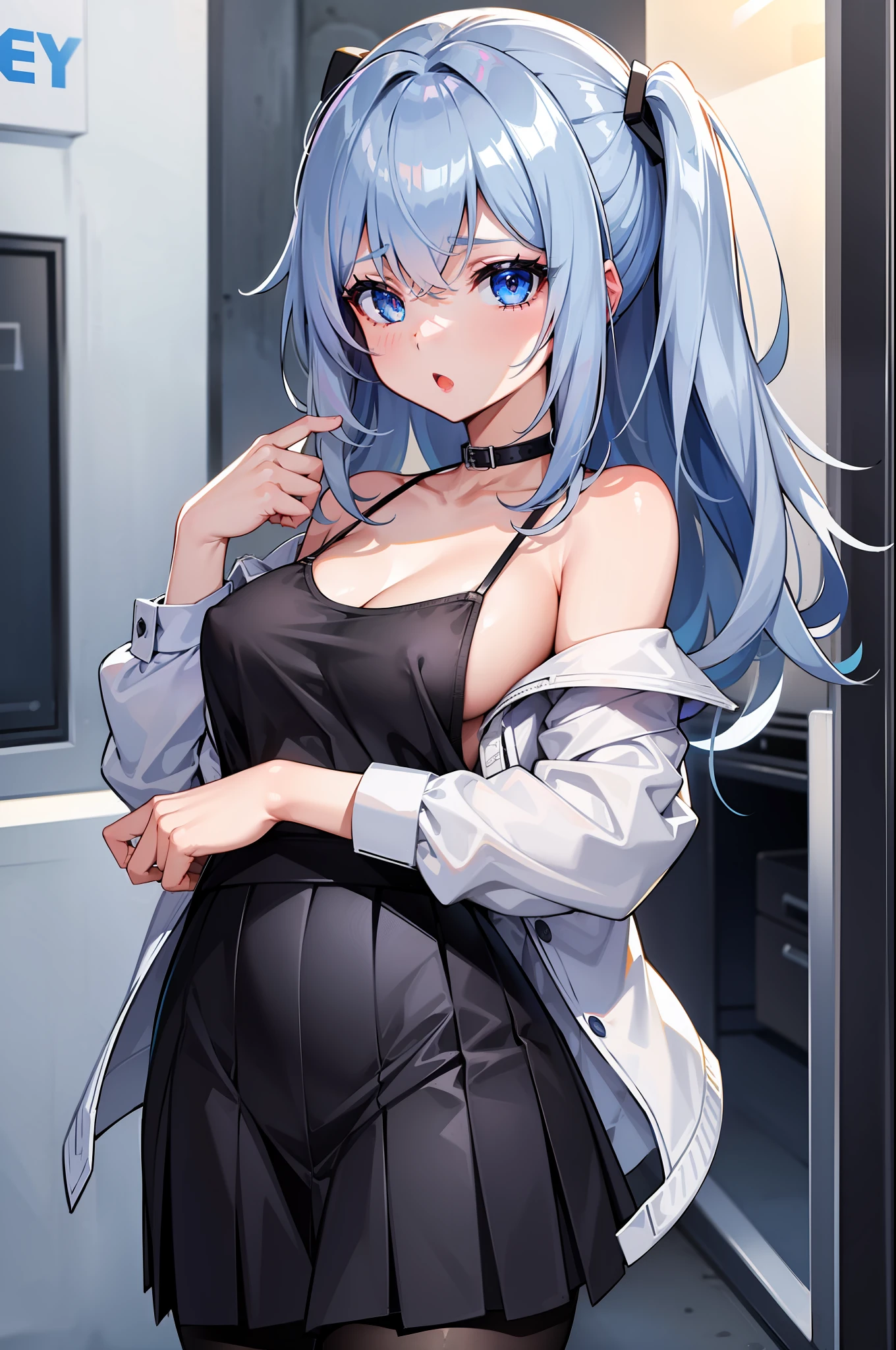 {1girl}, {blue_eyes}, {solo}, {shirt}, {breasts}, {open_mouth}, black_legwear, skirt, silver_hair, open_clothes, open_shirt