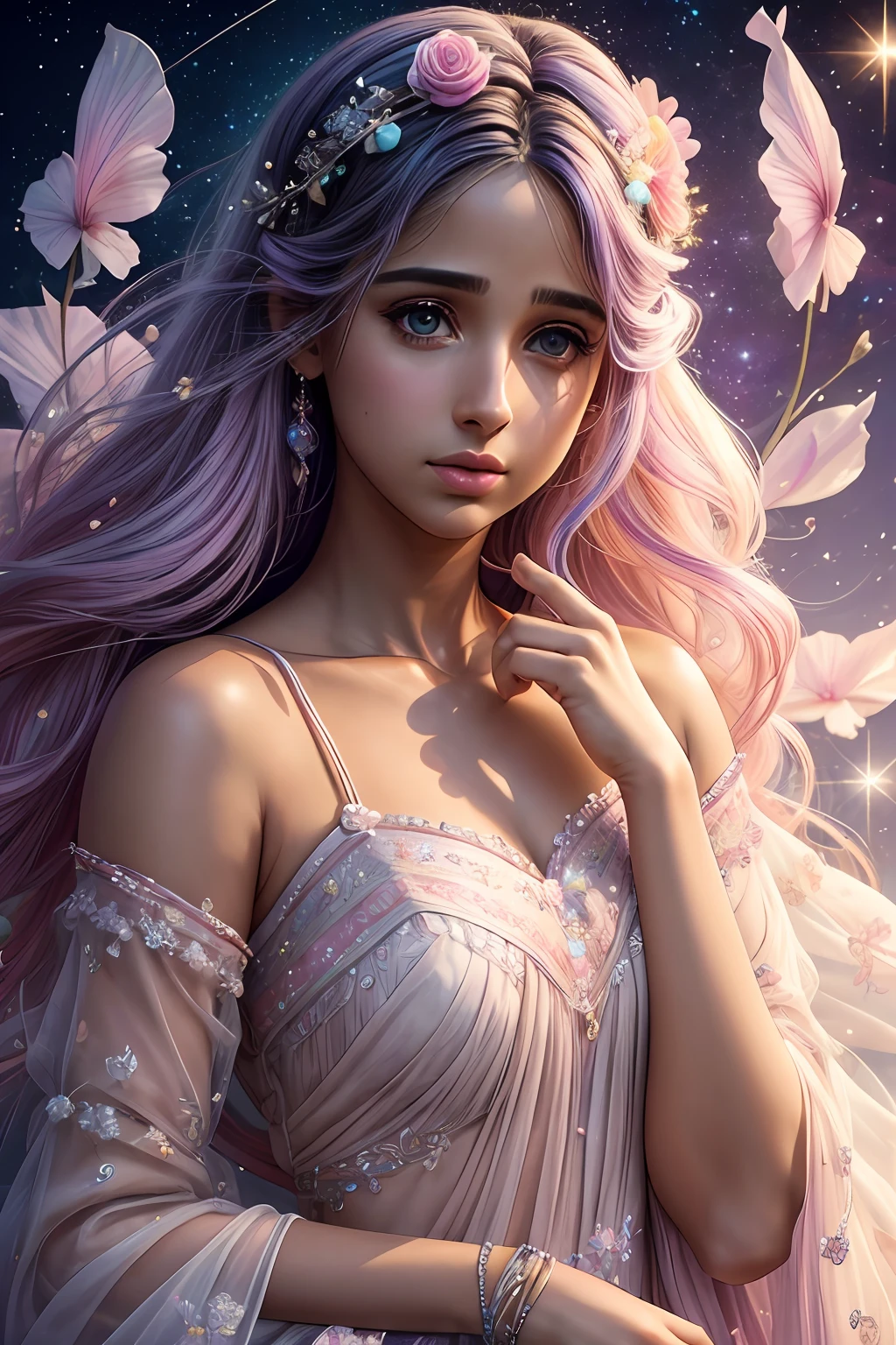 ((masterpiece)). This artwork is sweet, dreamy and ethereal, with soft pink watercolor hues and candy accents. Generate a delicate and demure fae exploring a (bubblegum world with a wide variety of pastel shades). Her sweet face is extremely detailed and realistic with elegant features and a fierce expression, and looks like ((((naomi scott)))). Include mature features and stunning, highly realistic eyes. Her eyes are important and should be realistic, highly detailed, and beautiful. In high definition and detail, include lots of details like stars, galaxies, colorful bubbles, colorful petals, and lots of energy and emotion! The stars and colorful bubblegum bubbles are important! Include fantasy details, enhanced details, iridescence, colorful glittering wind, and pollen. Pay special attention to her face and make sure it is beautifully and realistically detailed. The image should be dreamy and ethereal.8k, intricate, elegant, highly detailed, majestic, digital photography