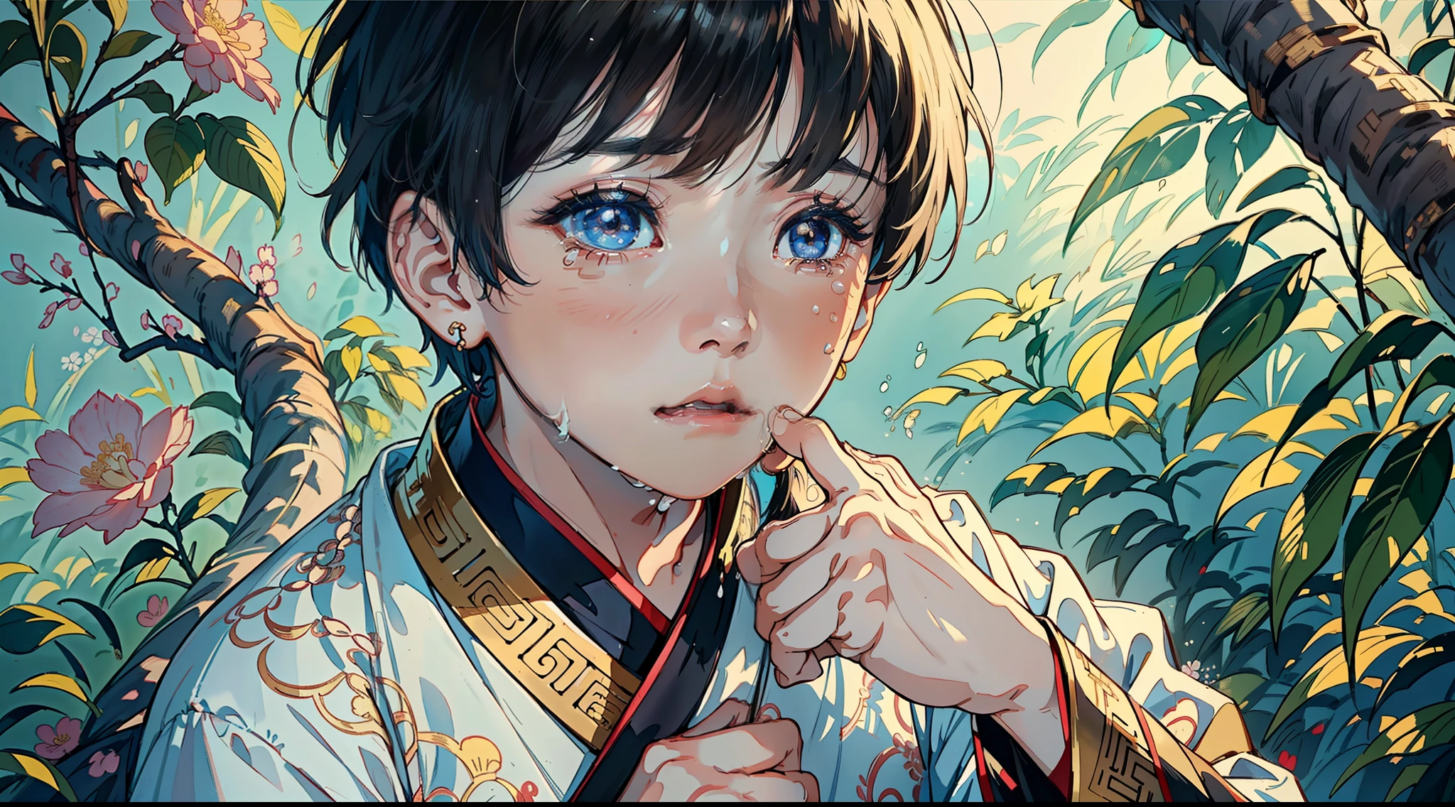 Close-up of a young boy in traditional Hanfu, Tears ran down his face. Intricate details of Hanfu, Such as embroidered patterns and flowing sleeves, Highlighted. Emphasize the boy's expressive eyes and tear-stained cheeks. (Hanfu:1.3), (Intricate details:1.2), (Emotional expression:1.4), (Close-up shot:1.5), (Traditional Chinese environment:1.2), (pastel colour:1.1), (1boy:1.5),