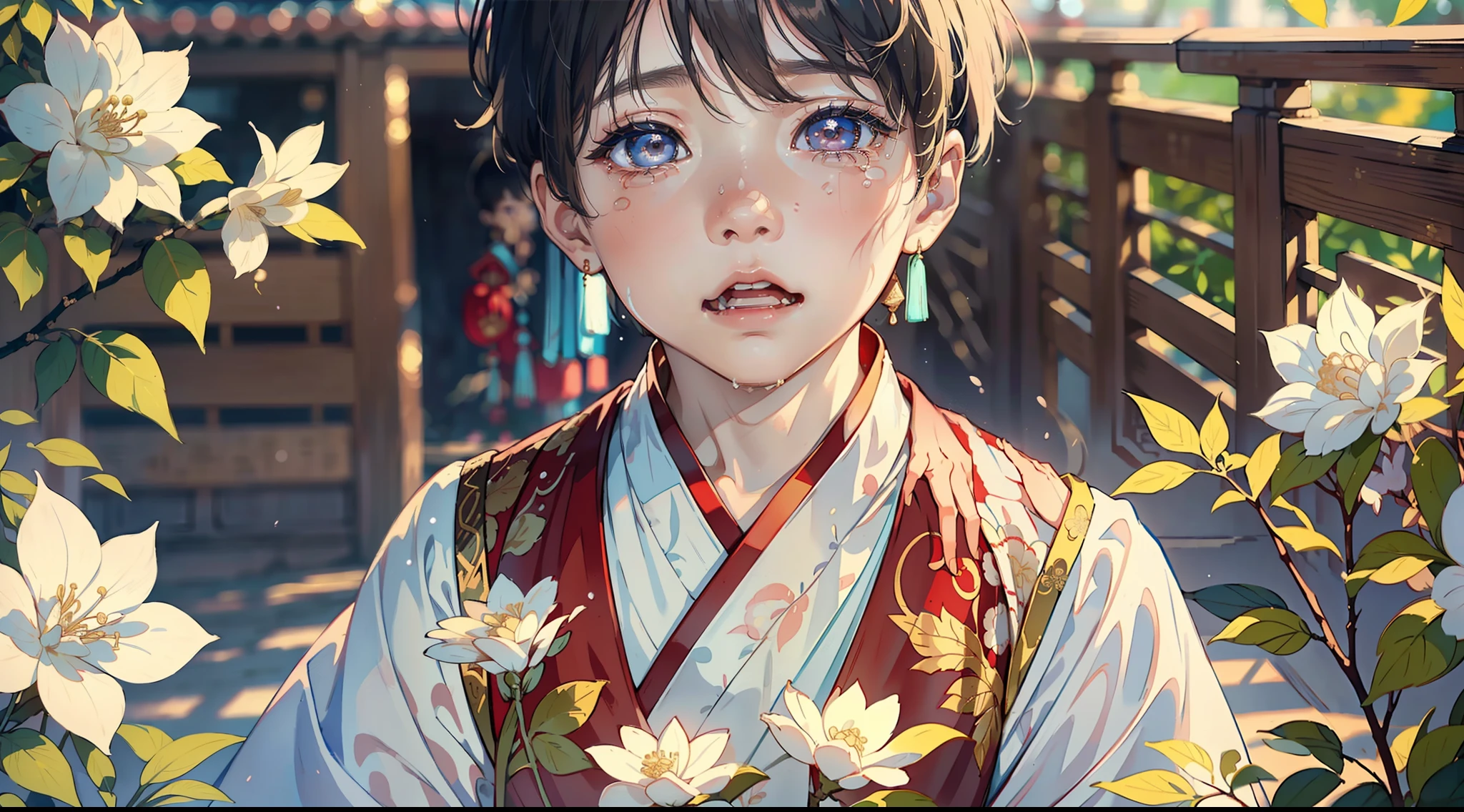 Close-up of a young boy in traditional Hanfu, Tears ran down his face. Intricate details of Hanfu, Such as embroidered patterns and flowing sleeves, Highlighted. Emphasize the boy's expressive eyes and tear-stained cheeks. (Hanfu:1.3), (Intricate details:1.2), (Emotional expression:1.4), (Close-up shot:1.5), (Traditional Chinese environment:1.2), (pastel colour:1.1), (1boy:1.5),