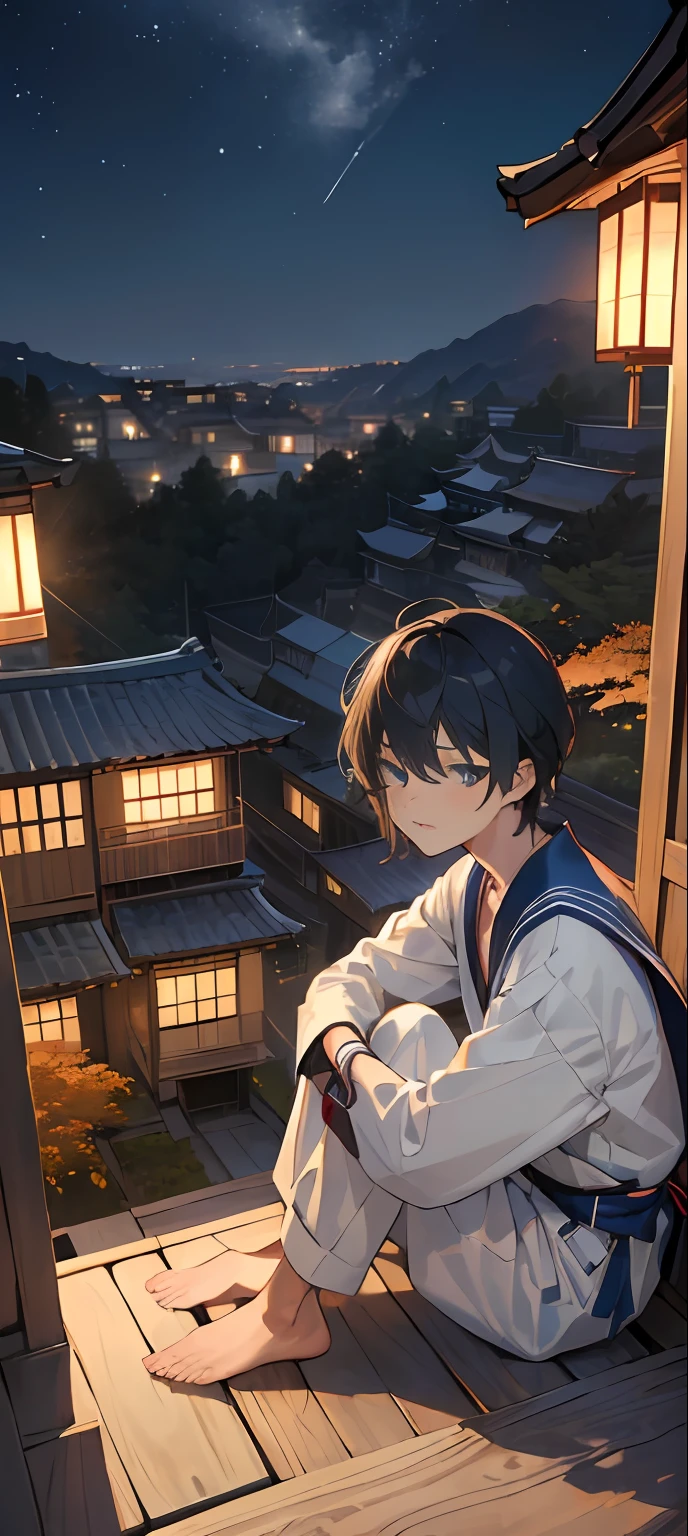 ((masterpiece:1.3, best quality:1.4)), delicate mature gentleman,1boy, yo ,solo, spiky hair, light blue eyes, japanese traditional student suit,buttom shorts, ((sitting near building's ledge)), rooftop, city view, seaside city, incredible view, ((nighttime)), city lights, sparkling, ((small traditional japanese village)), autumn leaves in the air, autumn season, stars night sky, forest in the distance, {{front view}},detailed face