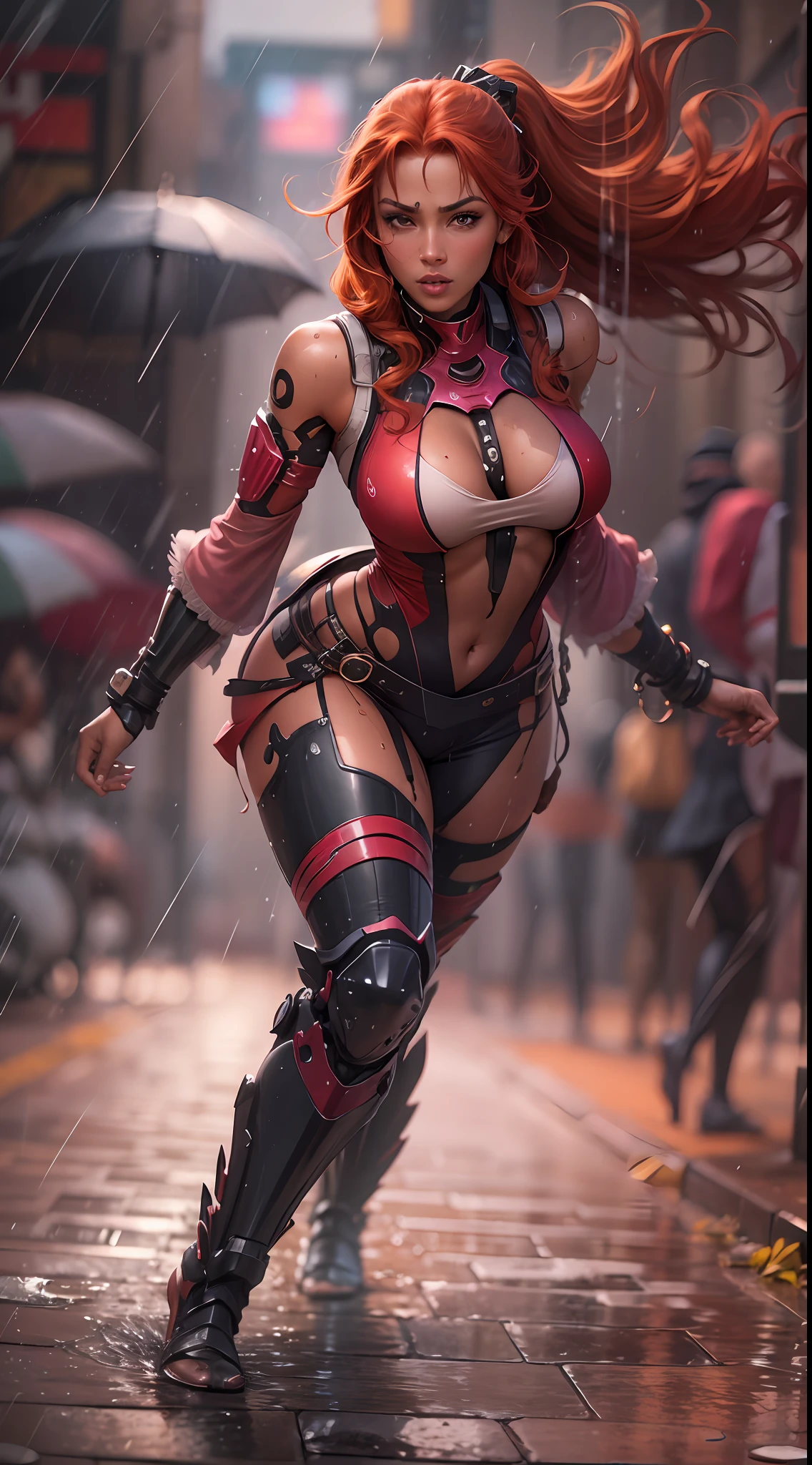 Best image , HDR , ultra resolution , 8k image , Tall Redhead woman 22 years old , dark skin , red hair , thick thighs , medium breasts showing , sexy Arab ninja outfit , light pink clothes , wet lips , rain on the streets . cyborg arabian ninja sensualizing , raining