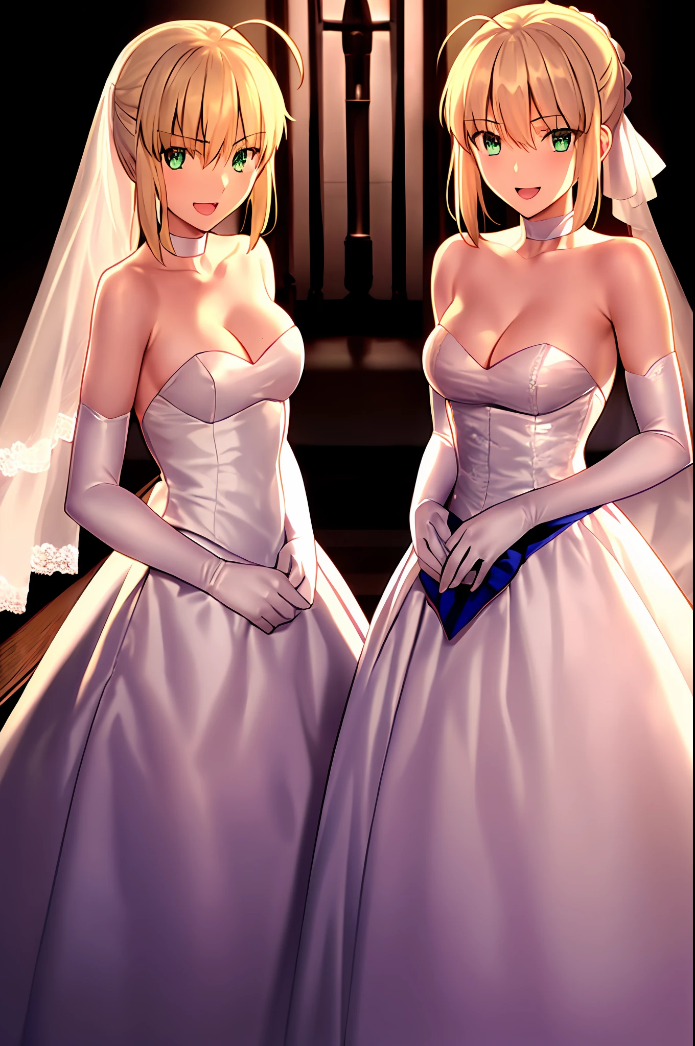 takeuchi takashi,
artoria pendragon \(fate\), saber,
2girls, :d, ahoge, blonde hair, , choker, cleavagrbone, dress, elbow gloves, gloves, green eyes, hair between eyes, hair ribbon, indoors, looking at viewer, medium breasts, open mibbon, ribbon choker, short hair, smile, duo, stairs, strapless, strapless dress, wedding dress, white dress, white gloves, white ribbon, twins, clones, doppelgangers
, ((masterpiece))