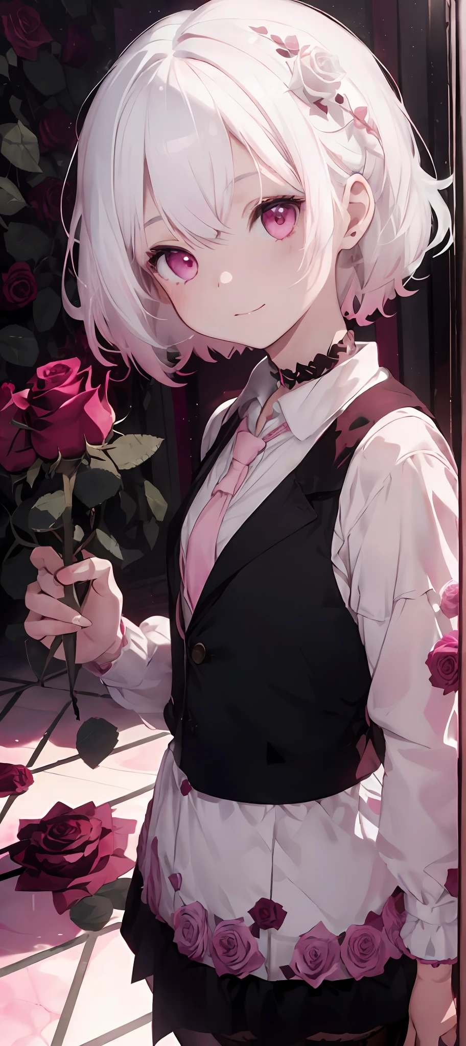 Mash Kyrielight,(White hair:1.5),Short hair,Red Eyes,Hair over one eye,Black blouse,Red tie,Black pantyhose,Miniskirt,White jacket,hooded jacket, extremely delicate and beautiful girl, superfine illustration, contour deepening beautiful detailed glow, unbelievable Ridiculous, up looking_で_viewer, ;D, extra detailed body, Petite, girl,Woman,Female, Little,child,10 years old, Medium Hair, Curly hair, Bangs, eyes visible through hair, Side braid, White hair, multicolored hair, Red inner color, beautiful detailed Glass hair, Delicate beautiful face, grinning evily, Red pupils, tusk, Fingernails, Small_breasts, pale blue eyes, White skin, Choker, (thorns:1.1),(numerous roses:1.5),(Pink Rose:1.5),,(Chessboard,Fantasy),((Pink Gothic Room:1.5)),((Pink tiled floor,Tile floor:1.2)),(Decoration of sweets),(White and pink interior,sweets:1.3),