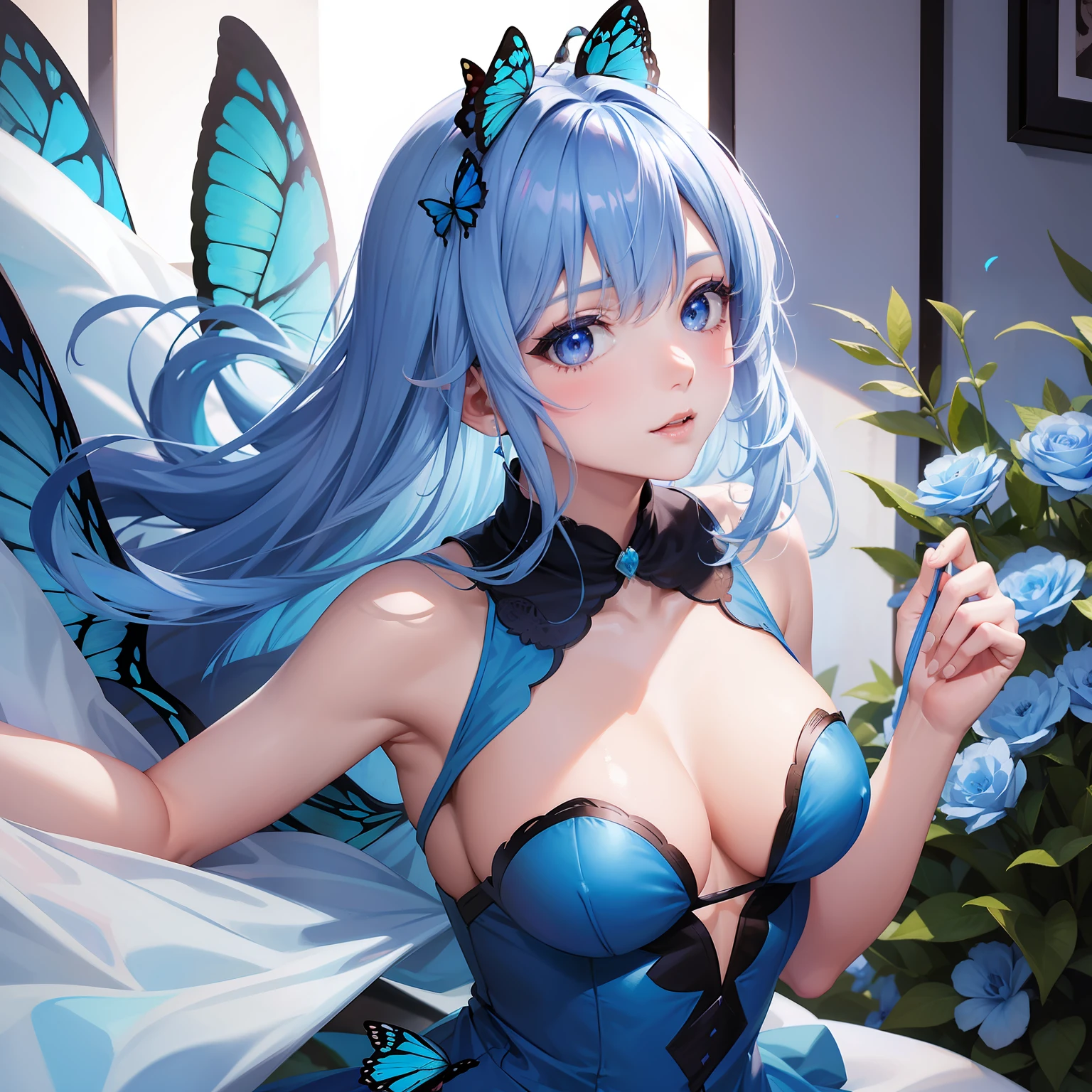 a women, blue butterfly, blue hair, pink eyes, blue dress